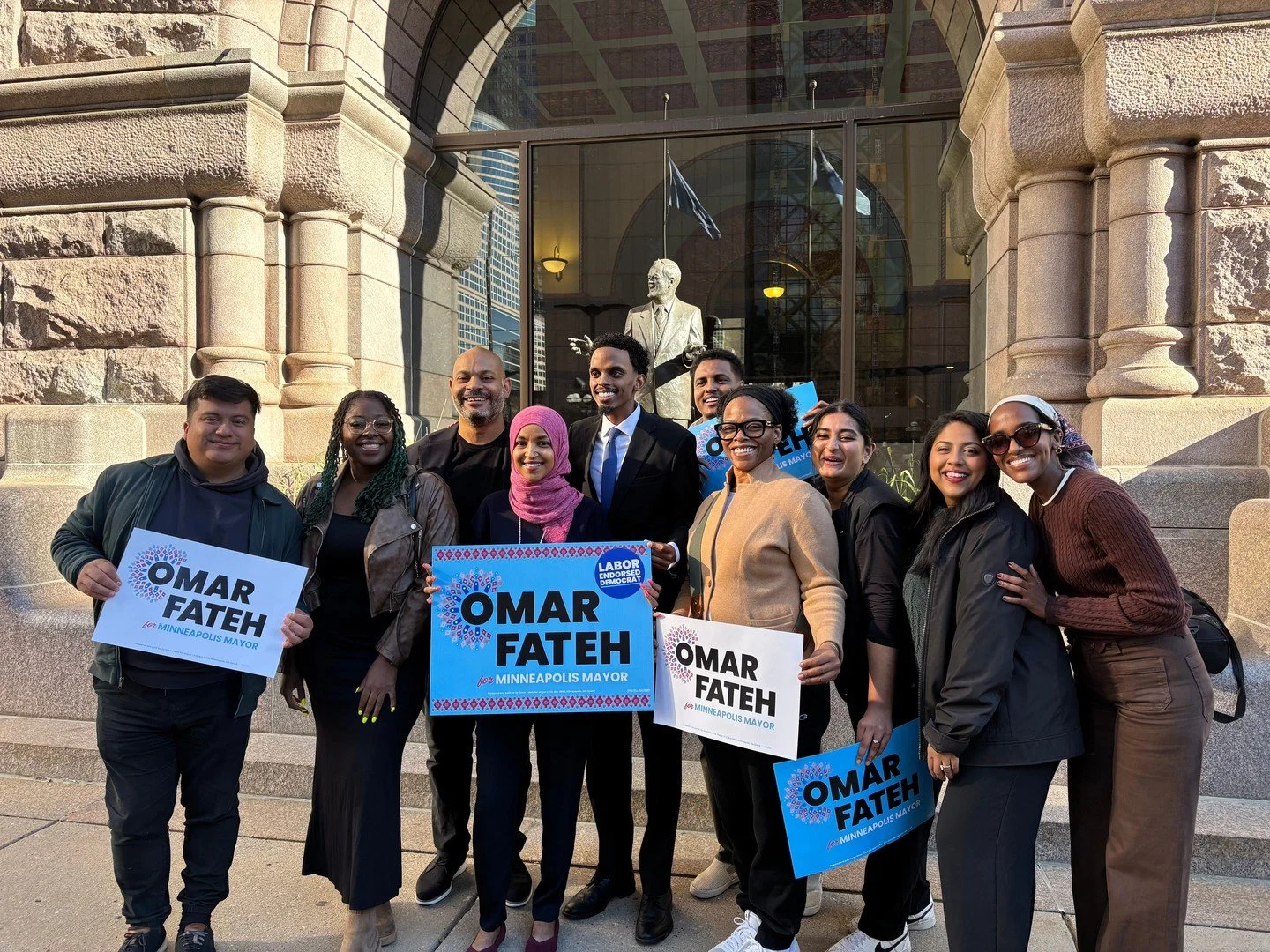 I was proud to join Minneapolis electeds this morning celebrating the endorsement of Representative Ilhan Omar for Omar Fateh&rsquo;s Mayoral bid! I proudly ranked @OmarFatehMN #1 on my ballot and you should too! 

Ilhan Omar has been a champion for 