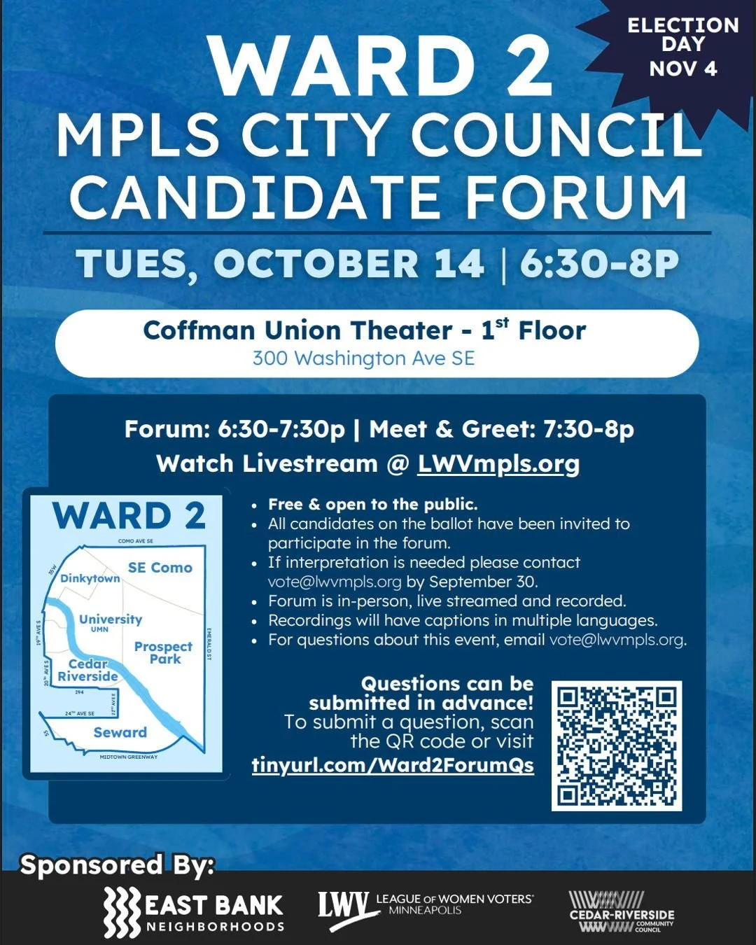 I am looking forward to answering questions from Ward 2 residents and sharing my vision for an equitable Minneapolis. See you at the Coffman Memorial Union theater at 6:30!