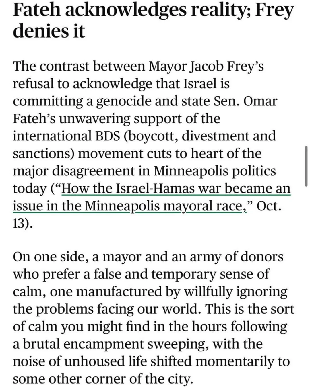 “The Minneapolis City Council’s so-called “one-sided” ceasefire resolution has essentially become the position of the United Nations, which in September determined that Israel has been committing genocide.”
Make no mist