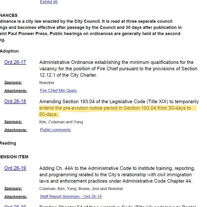 Today the St. Paul City Council unanimously passed their own version of Pause Evictions, Save Lives, and extended pre-filing eviction timelines to 60 days through the end of 2026. This critical protection was lead by Council Members @hwajeongkimstp a