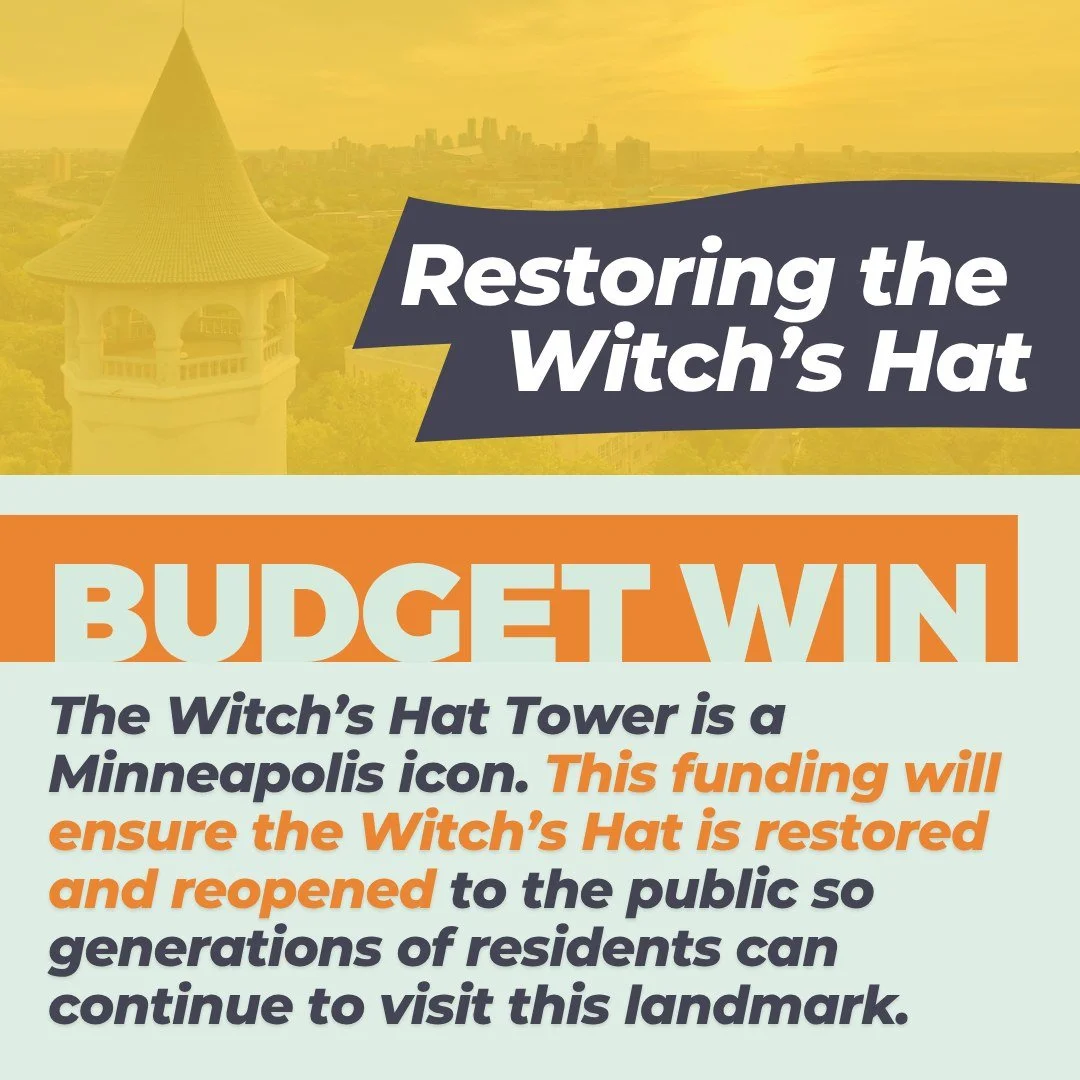In 2023, I secured $350,000 to restore Ward 2's Witch's Hat so we can reopen this Minneapolis icon to the public once again. Last week our City Council unanimously approved a construction contract to finally start repairs. Thank you to all our Ward 2