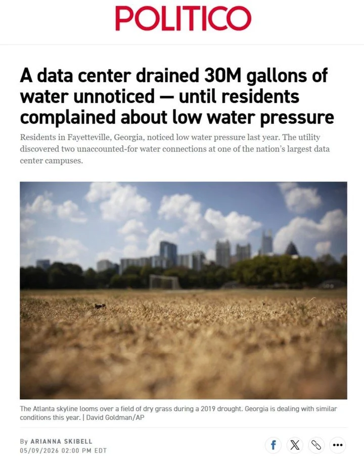 &ldquo;Officials discovered two industrial-scale water hookups feeding a data center campus located 20 miles south of downtown Atlanta. One water connection had been installed without the utility&rsquo;s knowledge, and the other was not linked to the