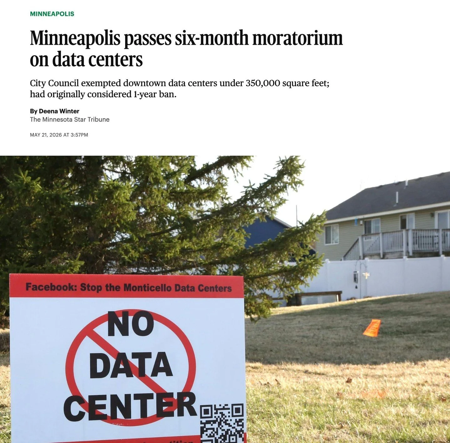 Yesterday, Minneapolis joined cities across Minnesota and the country in passing a moratorium on data centers. This is critical so we can invest time and research to understand the full impact data centers will have on our electrical bills and water 
