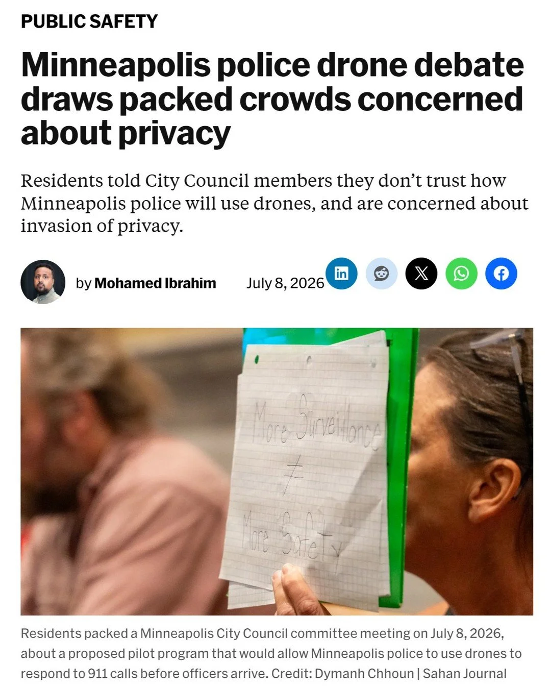 Every single person in Minneapolis deserves to be safe. That looks like data-driven strategies we know are successful like Behavioral Crisis Response--not yet more gadgets for MPD to surveil our communities.

Thank you to everyone who showed up to te