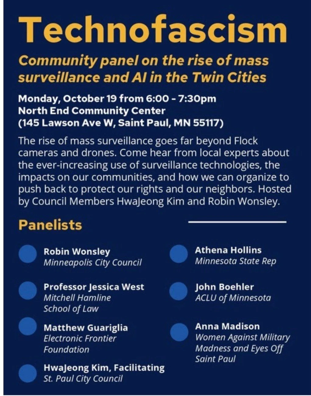 The rise of mass surveillance goes far beyond Flock cameras and drones. Come hear from local experts about the ever-increasing use of surveillance technologies, the impacts on our communities, and how we can organize to push back to protect our right