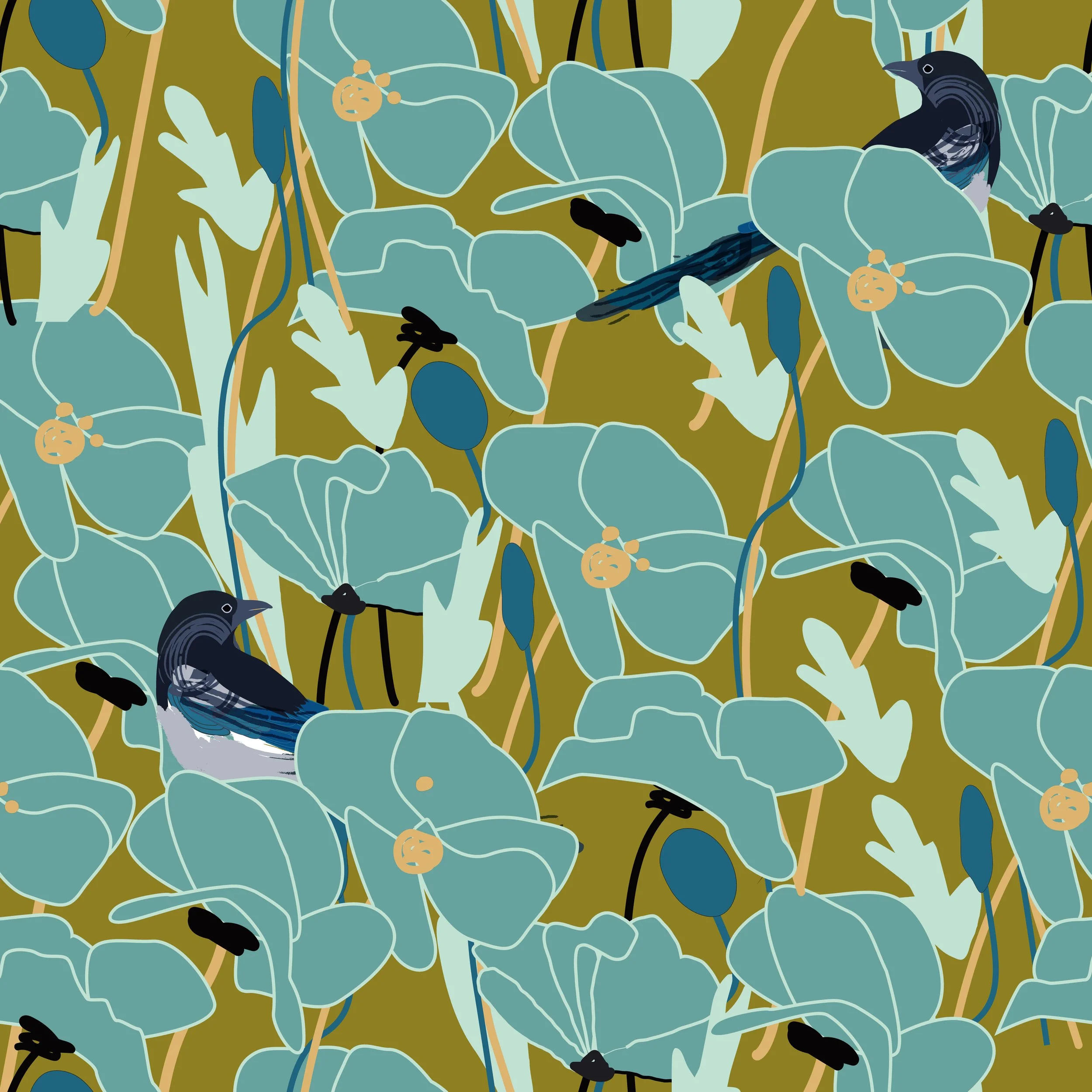 Pattern of blue-green leaves and black birds on olive green background.