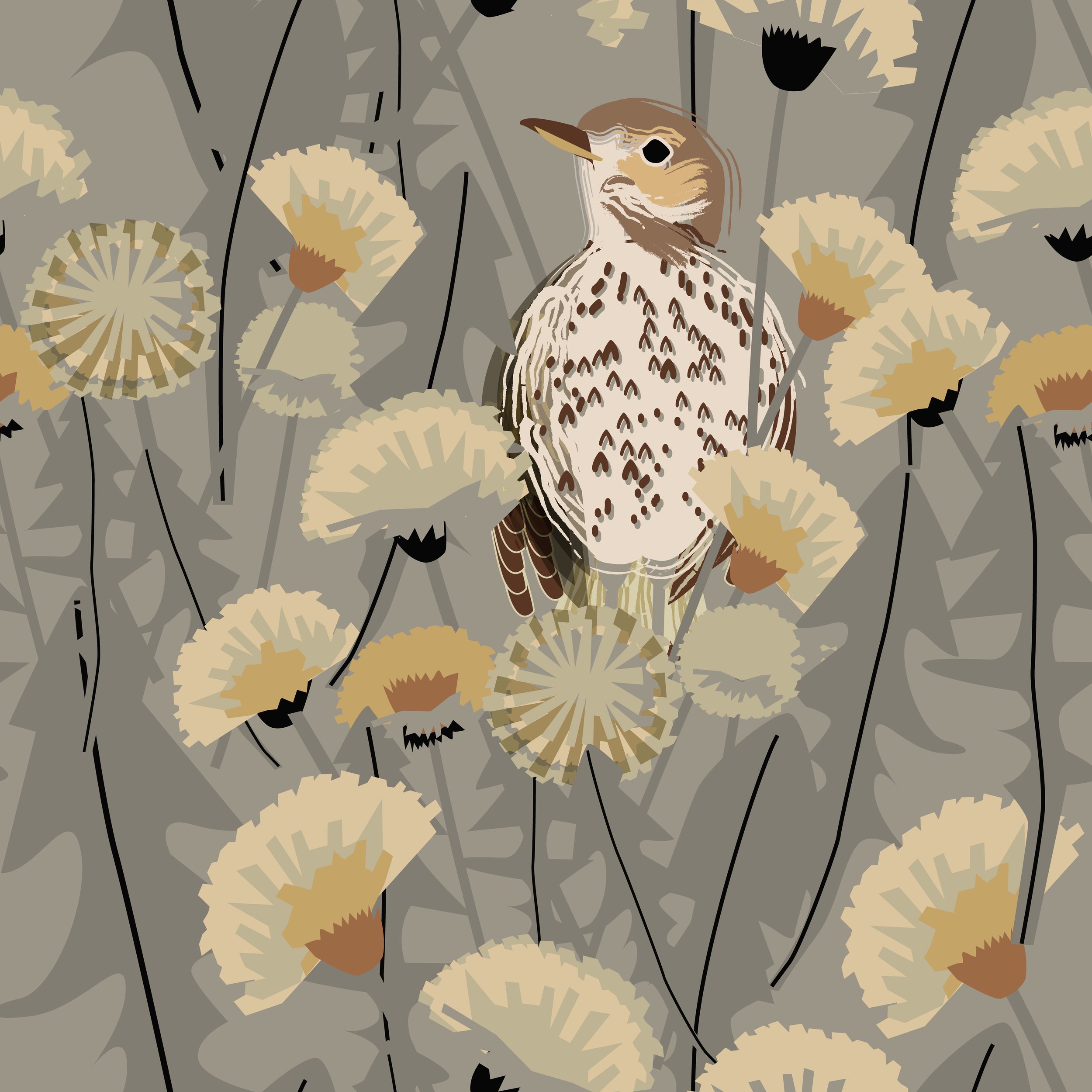Digital illustration of a small bird, likely a sparrow, perched amongst dandelions with a gray background.