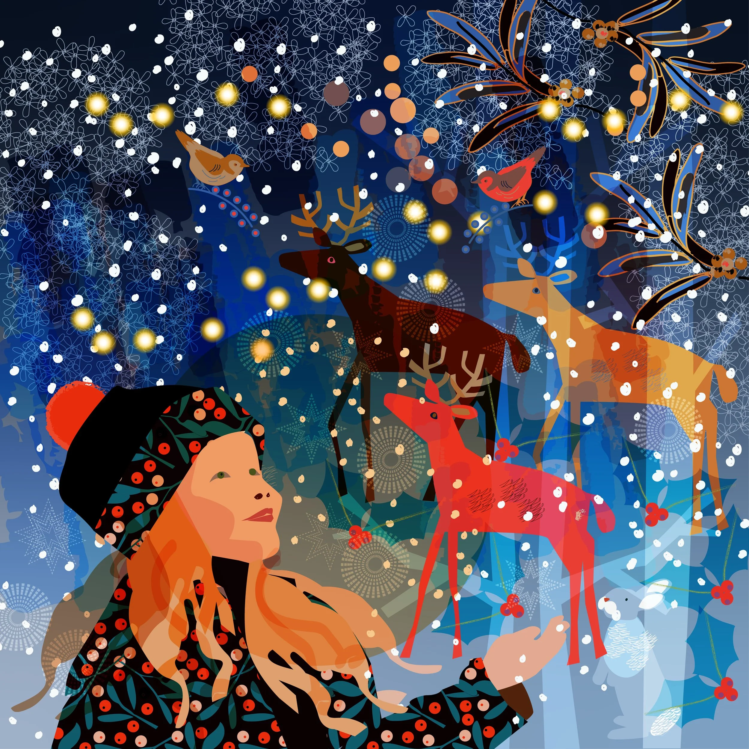 Illustration of a woman wearing a black hat with red and green floral patterns, gazing upward. Around her are stylized reindeer, birds, snowflakes, holly berries, and glowing lights, creating a festive winter scene.