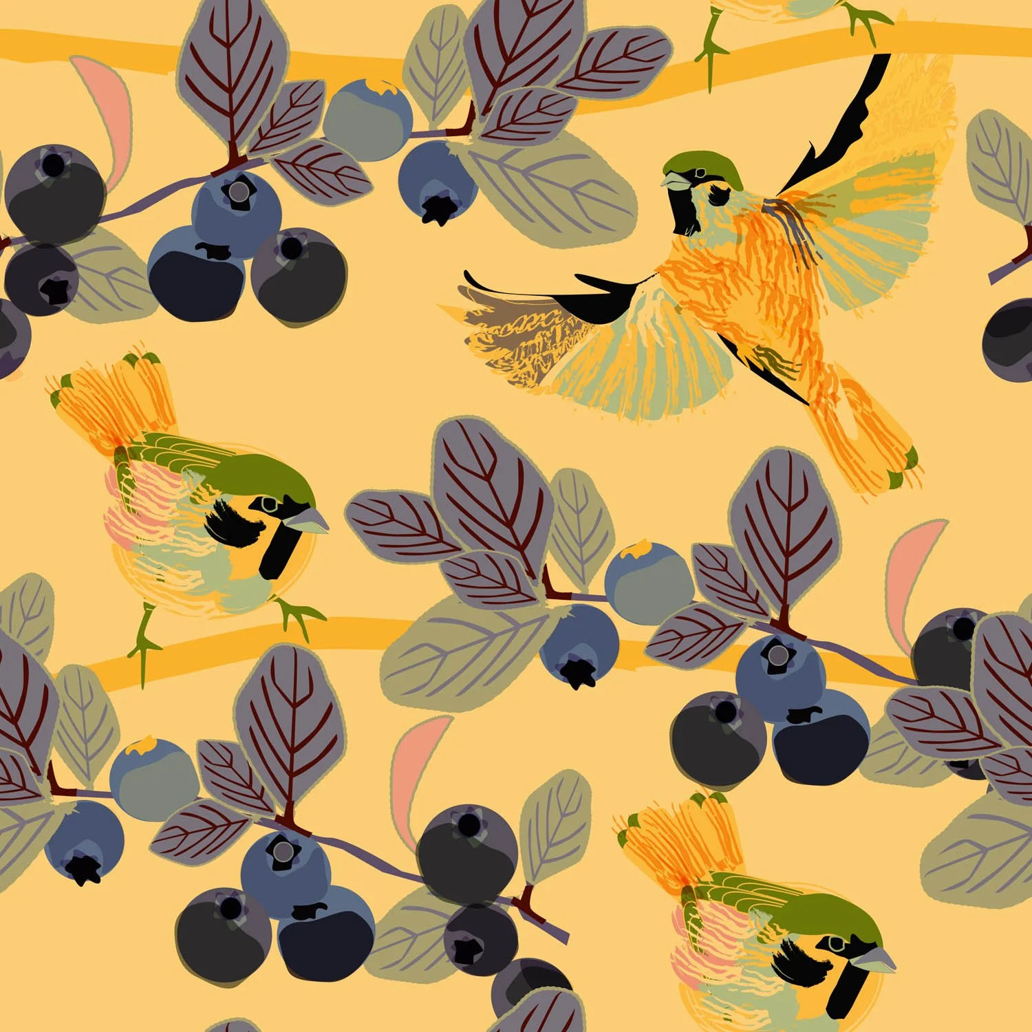 Pattern of blueberries, leaves, and small orange birds on a yellow background.