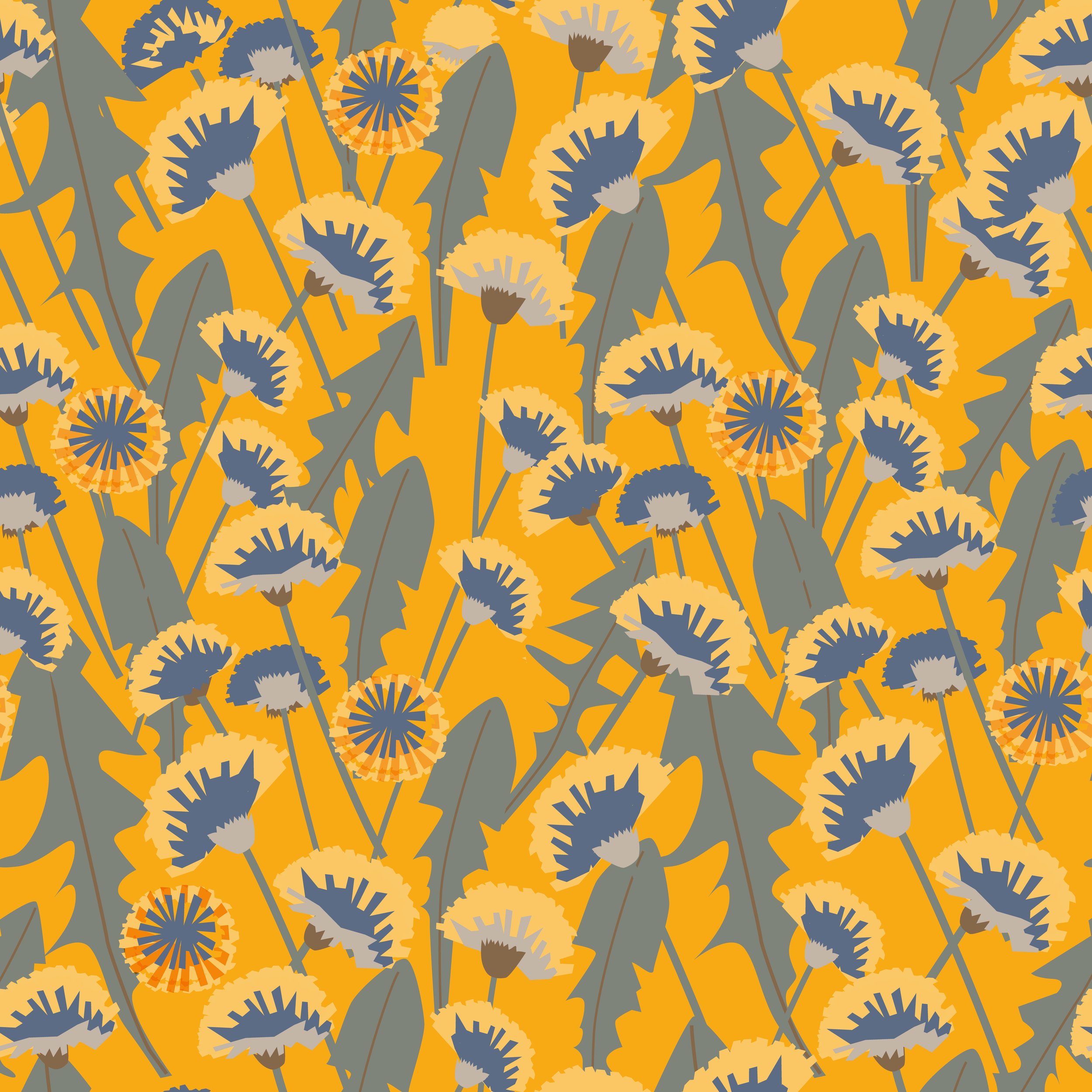 Pattern of yellow flowers and green leaves on a yellow background.