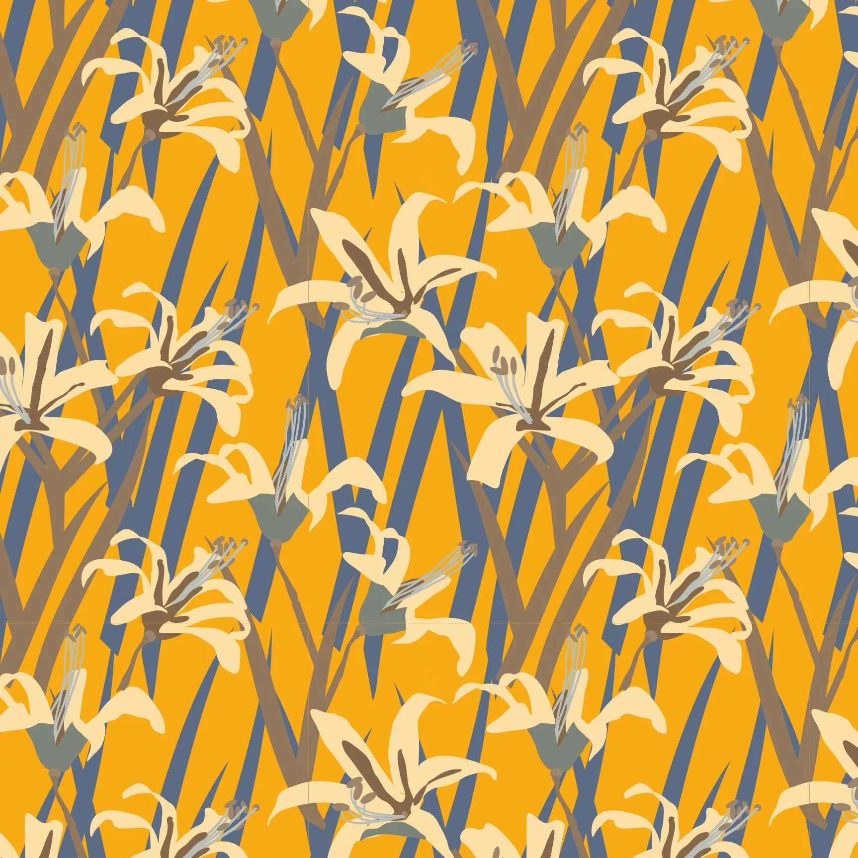 A repetitive pattern of cream-colored lilies with gray-green stems and leaves on an orange background.