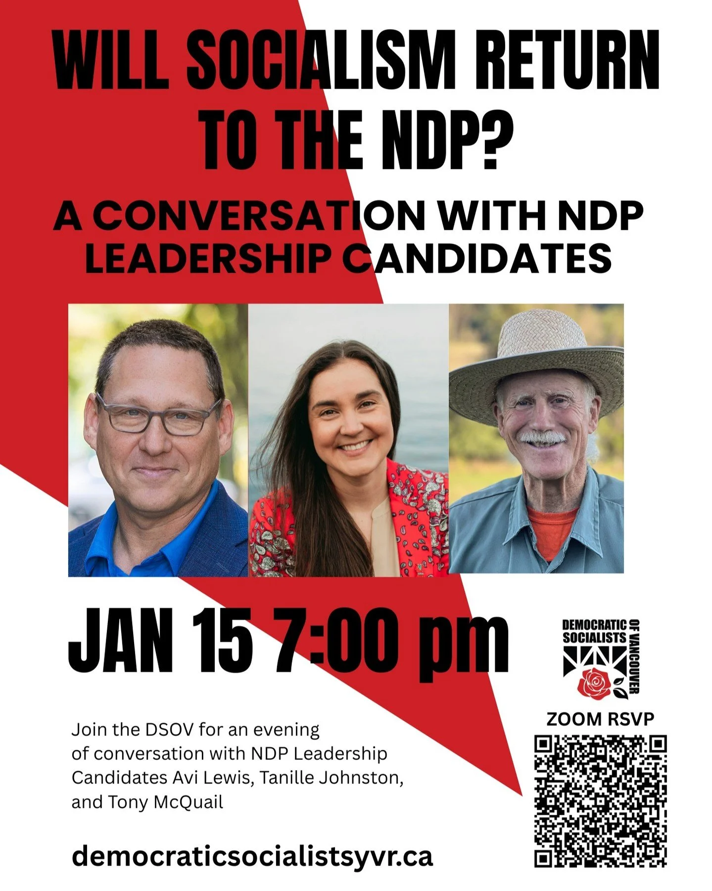 The Democratic Socialists of Vancouver (DSOV) is hosting an evening of discussion with candidates for the federal NDP leadership. As the party enters a critical phase of its 2026 leadership race, we are bringing together candidates to discuss their v