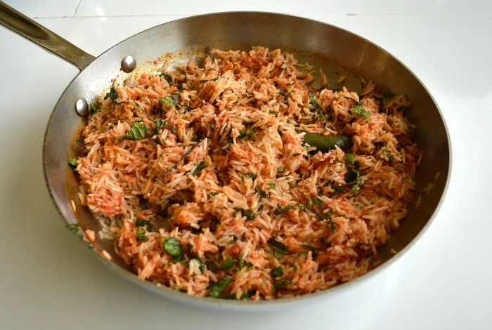 Tomato Mint Rice In a pan
