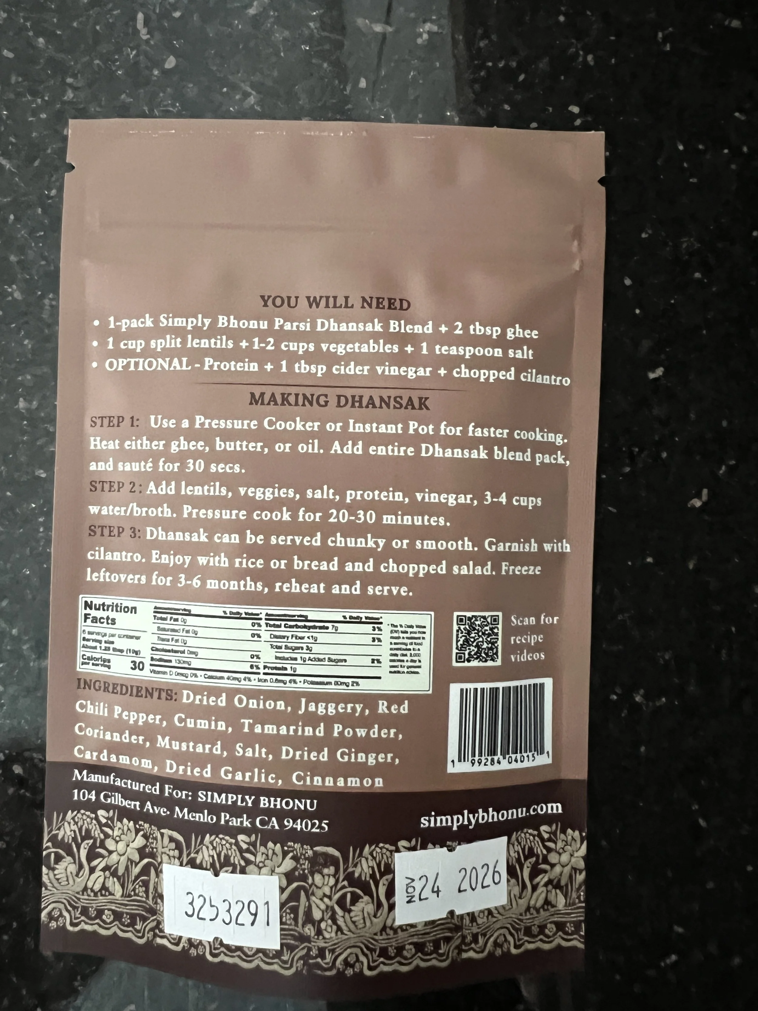 Parsi Dhansak back of pack