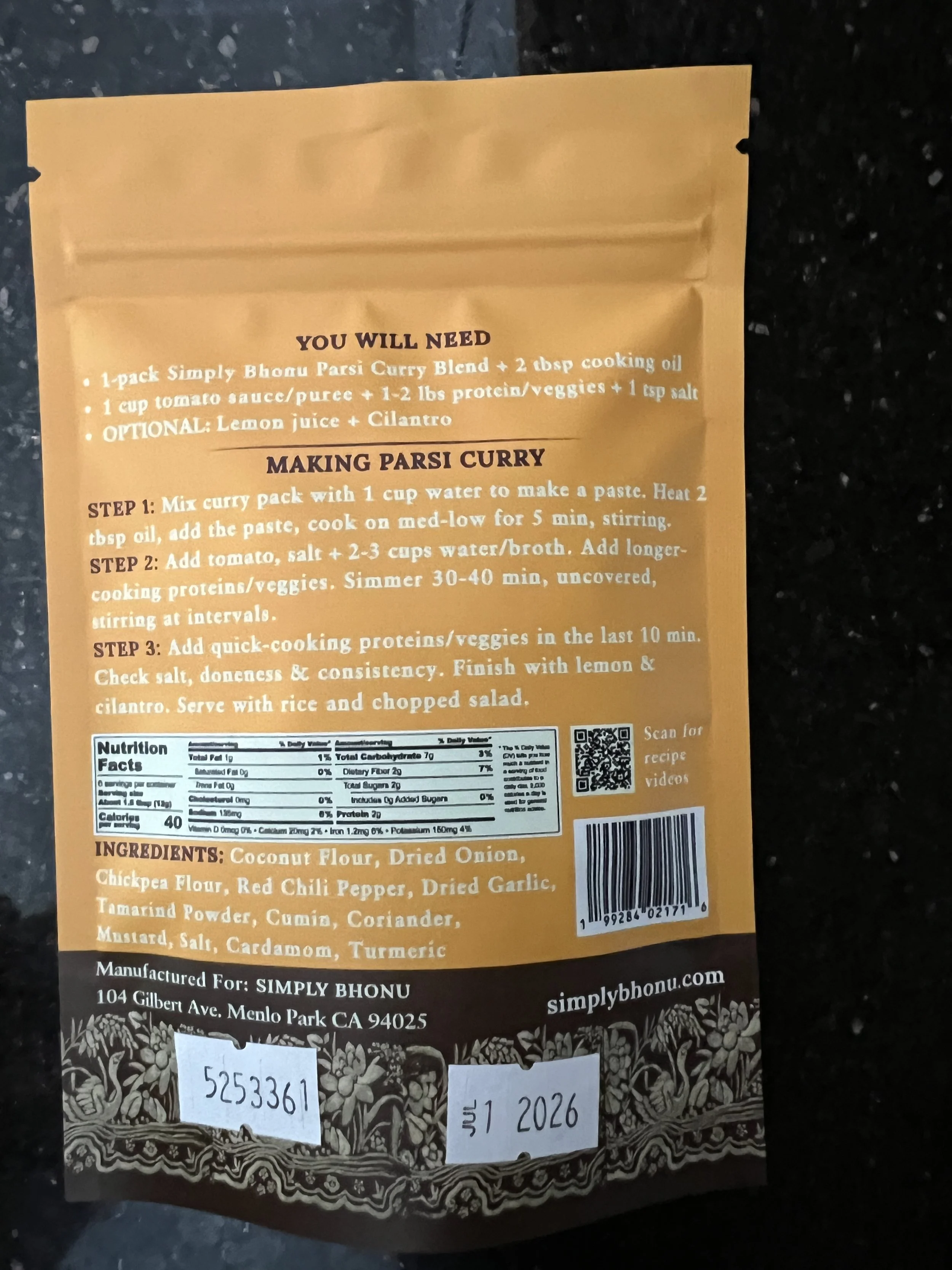 Parsi Curry - back of pack