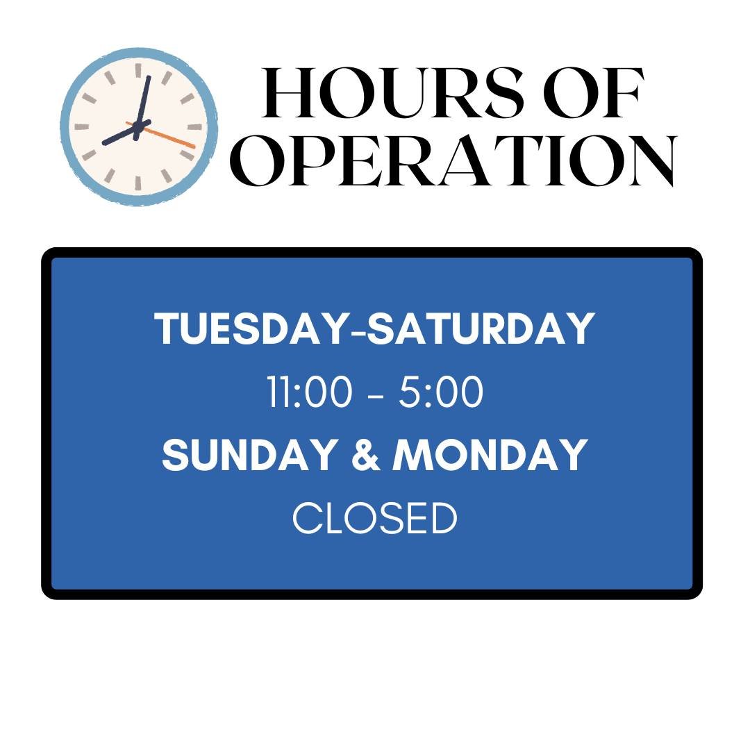 The library hours are Tuesday through Saturday from 11 to 5. The library is open due to  a delay with the construction materials, so we look forward to seeing you this week.