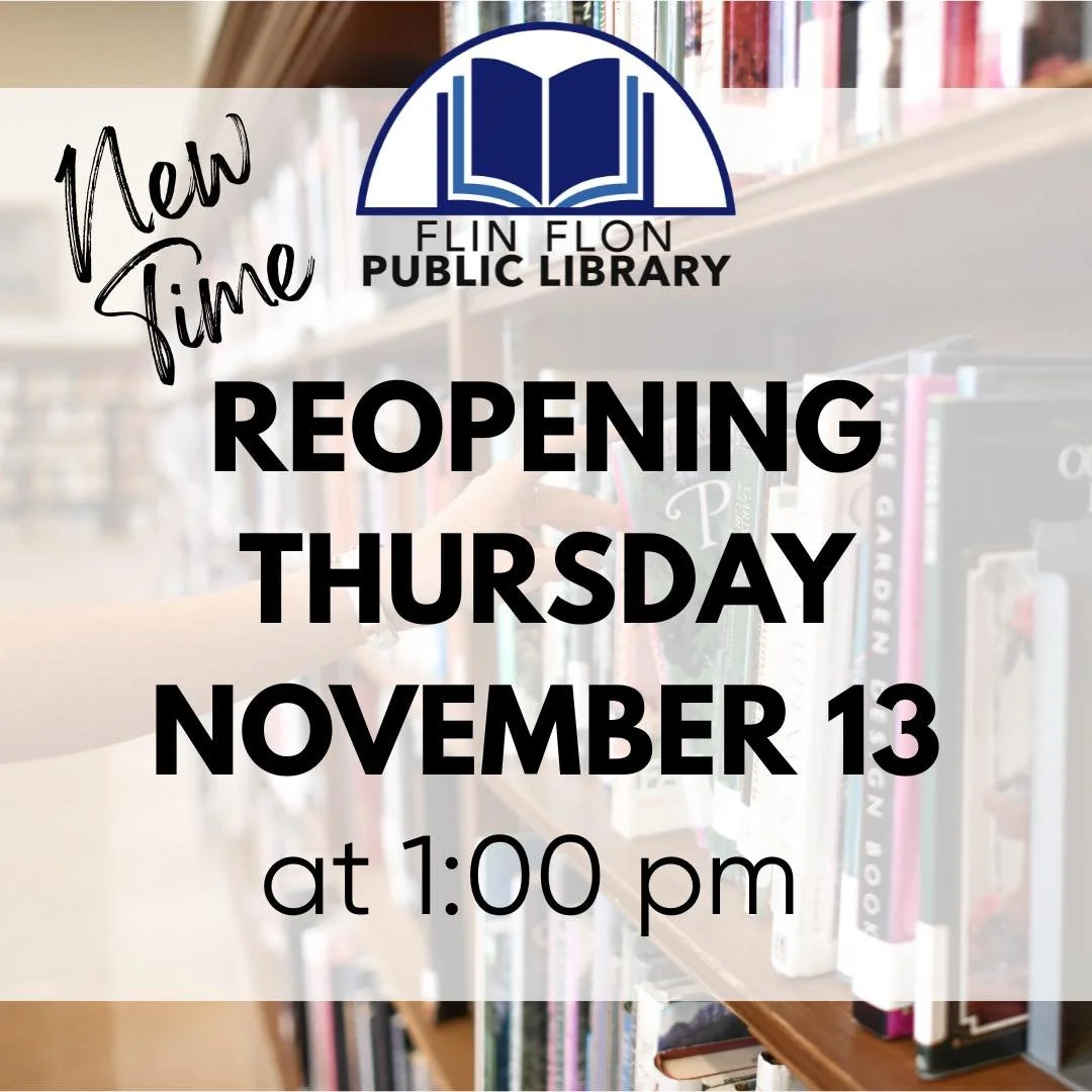 NEW TIME: The library will re-open tomorrow, Thursday, November 13, at 1:00 pm. We apologize for the change in time, but library staff cannot wait to see you all again.