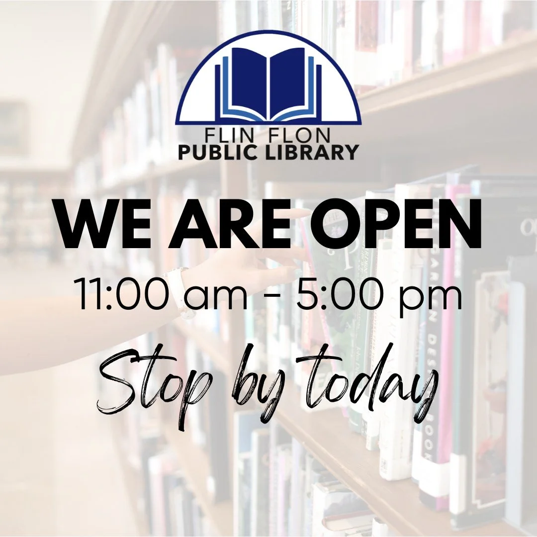 We are open from 11 am until 5 pm today. Stop by for a visit, check out some books or DVDs, borrow a puzzle, do some printing, or work on a computer.