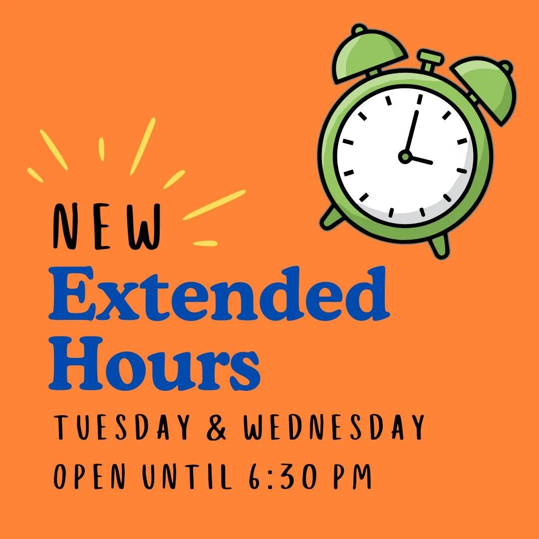 TRIAL OF EXTENDED EVENING HOURS: For three months, we will test being open until 6:30 on Tuesday and Wednesday evenings. The rest of the week, we will be open our regular hours, from 11 am until 5 pm, Thursday-Saturday. At the end of three months, th
