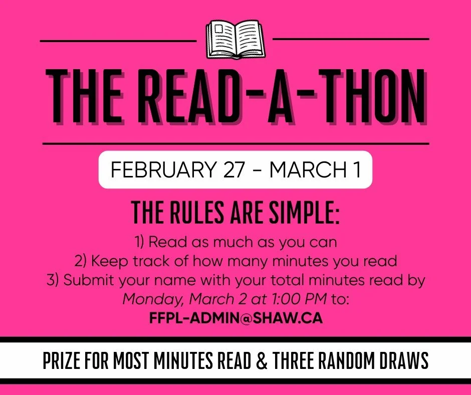 JOIN US FOR THE READATHON NEXT WEEKEND: Friday, February 27 (5:00 PM) - Sunday, March 1 (10:00 PM). Prize for the most minutes read, and three random draws that every participant will be entered into.

HOW TO PARTICIPATE:
1) Read as much as you can o