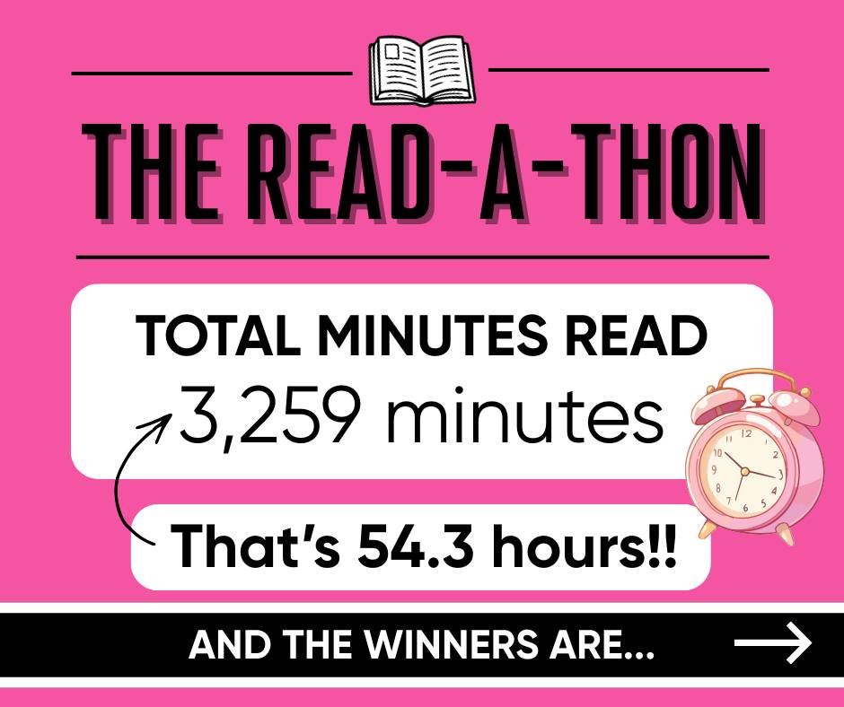 WE READ 3,259 MINUTES TOGETHER THIS WEEKEND (THAT'S 54.3 HOURS)! Kortney Dingwall read the most minutes, and our three random draw winners are Kim McDonald, Crystal Assie, and Madison Senkow. Kortney has won a $50 book credit, and Kim, Crystal, and M
