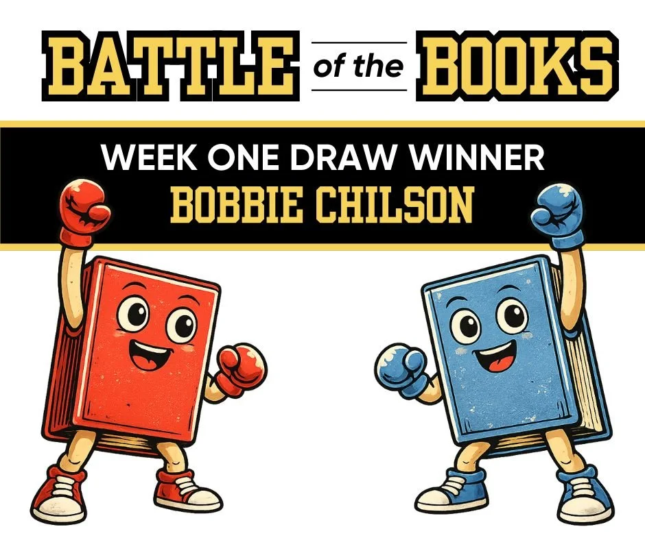The Week One Battle of the Books winner is Bobbie Chilson. Bobbie has won a $10 Orange Toad gift certificate and a book from our giveaway cart. Congratulations Bobbie! 

Vote now in the Week Two pairings:
https://www.surveymonkey.com/r/K3KSZS7