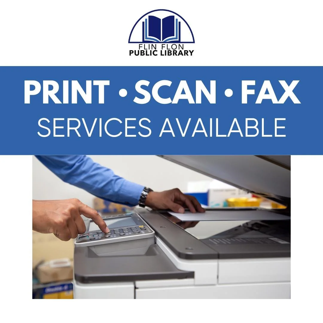 We offer print, scan, and fax services at the library for a small fee. We are open today from 11:00 a.m. to 6:30 p.m.