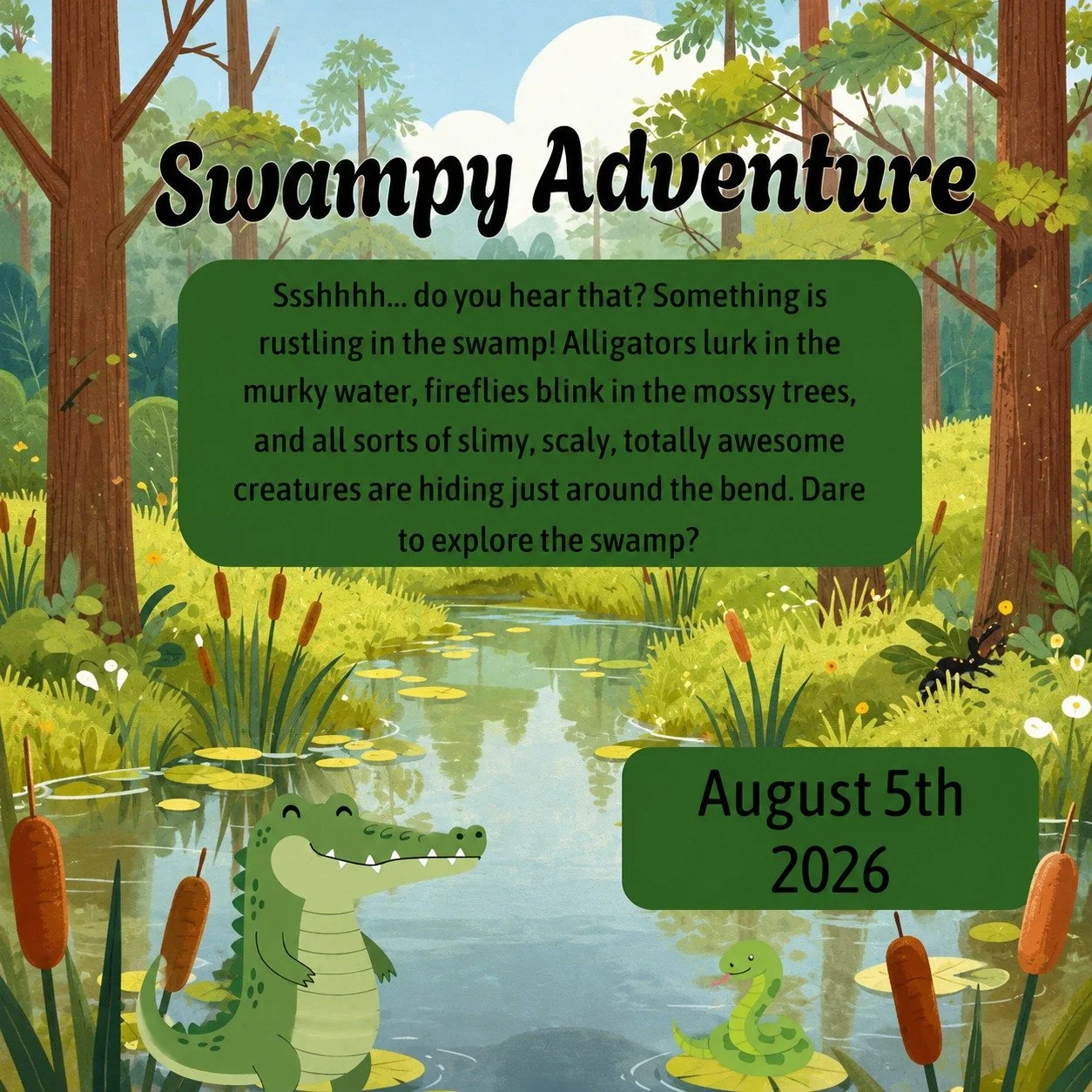 REGISTER TODAY FOR TD SUMMER READING CLUB'S Swampy Adventure session, happening on Wednesday, August 5, from 2:00-3:30 pm at the library. Register today by emailing ffplyouthintern@gmail.com (that's FFPL YOUTH INTERN [with NO spaces], at GMAIL.COM).
