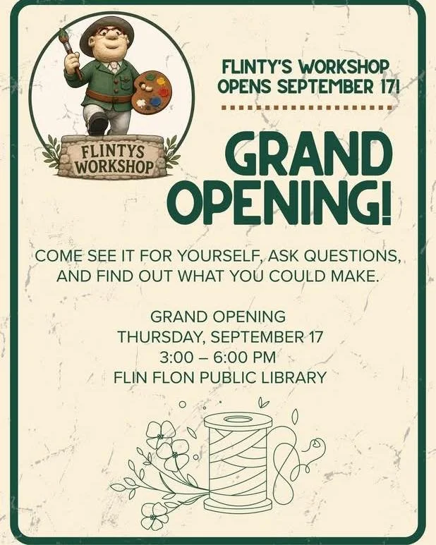JOIN US NEXT THURSDAY, SEPTEMBER 17 from 3:00-7:00 PM for the grand opening of Flinty&rsquo;s Workshop.

A makerspace is a shared workshop. Instead of every person buying their own equipment and finding room for it, the tools live in one place and th