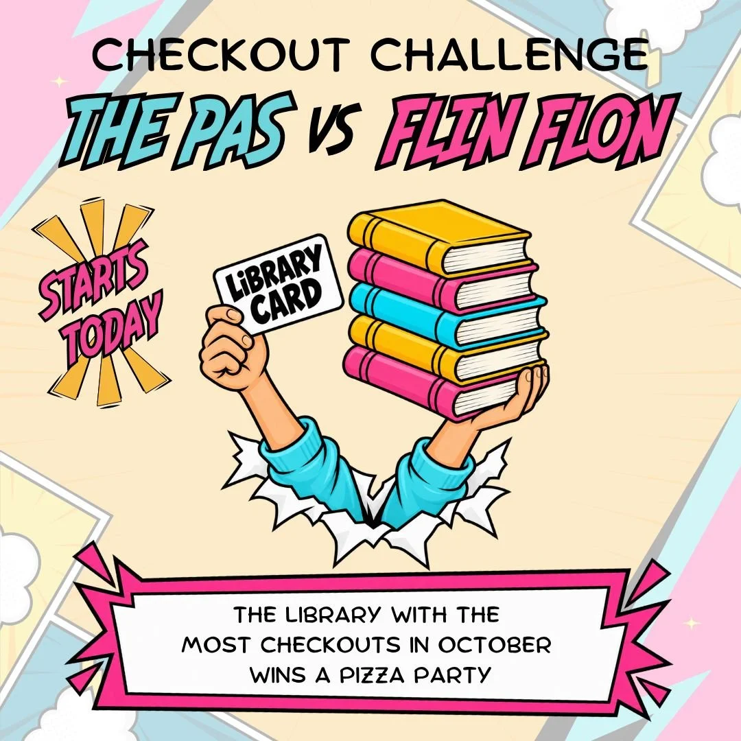HELP US WIN THE CHECKOUT CHALLENGE IN OCTOBER: October is Canadian Library Month, and to celebrate we challenged @thepasregionallibrary  to a checkout challenge. The library that checks out the most books in October will win a pizza party for their l