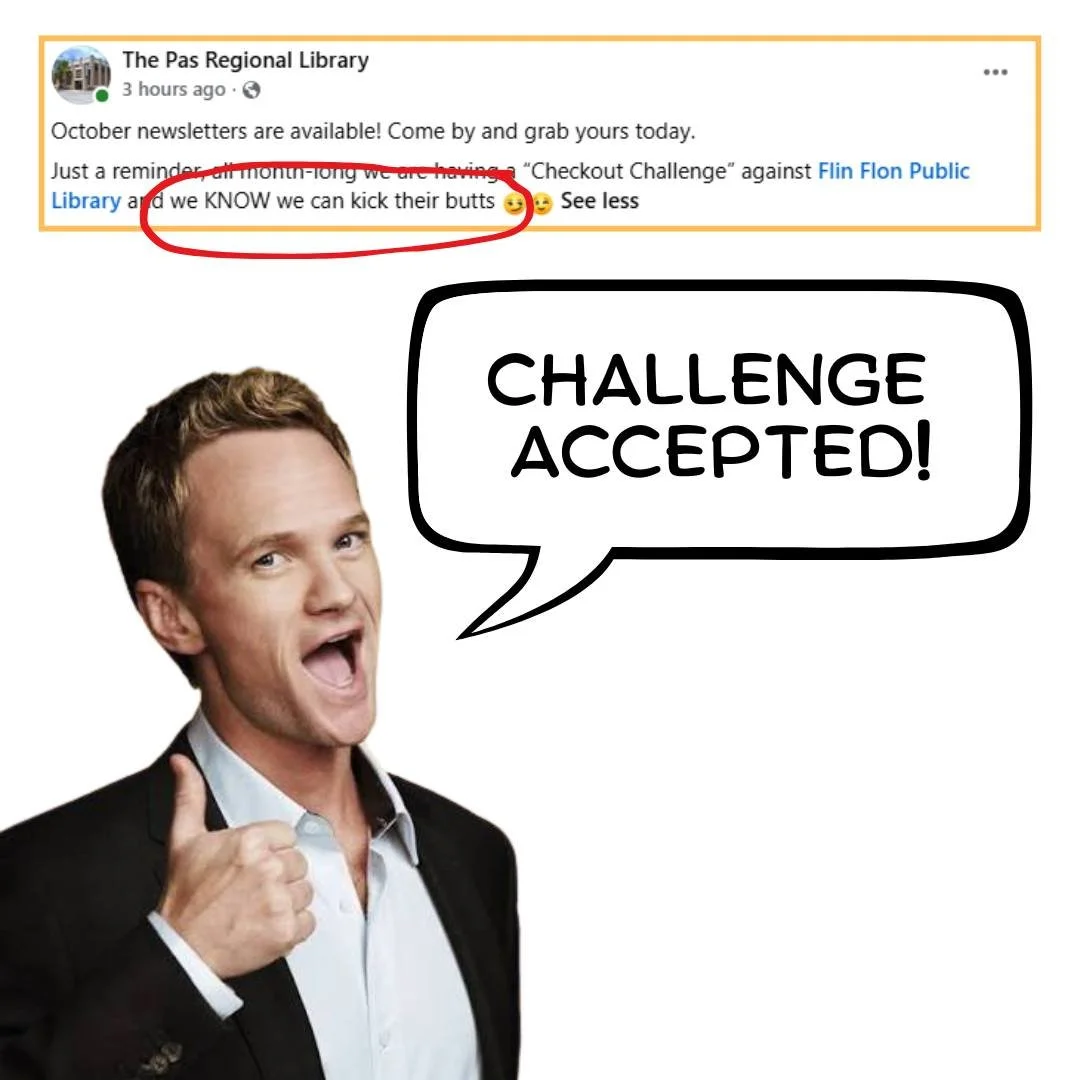 HELP US WIN THE CHECKOUT BATTLE VERSUS @thepasregionallibrary  THIS MONTH. They have stated that they know they can kick our butts... CHALLENGE ACCEPTED! Stop by the library to borrow books, or check them out on the Libby app (eBooks and eAudiobooks 