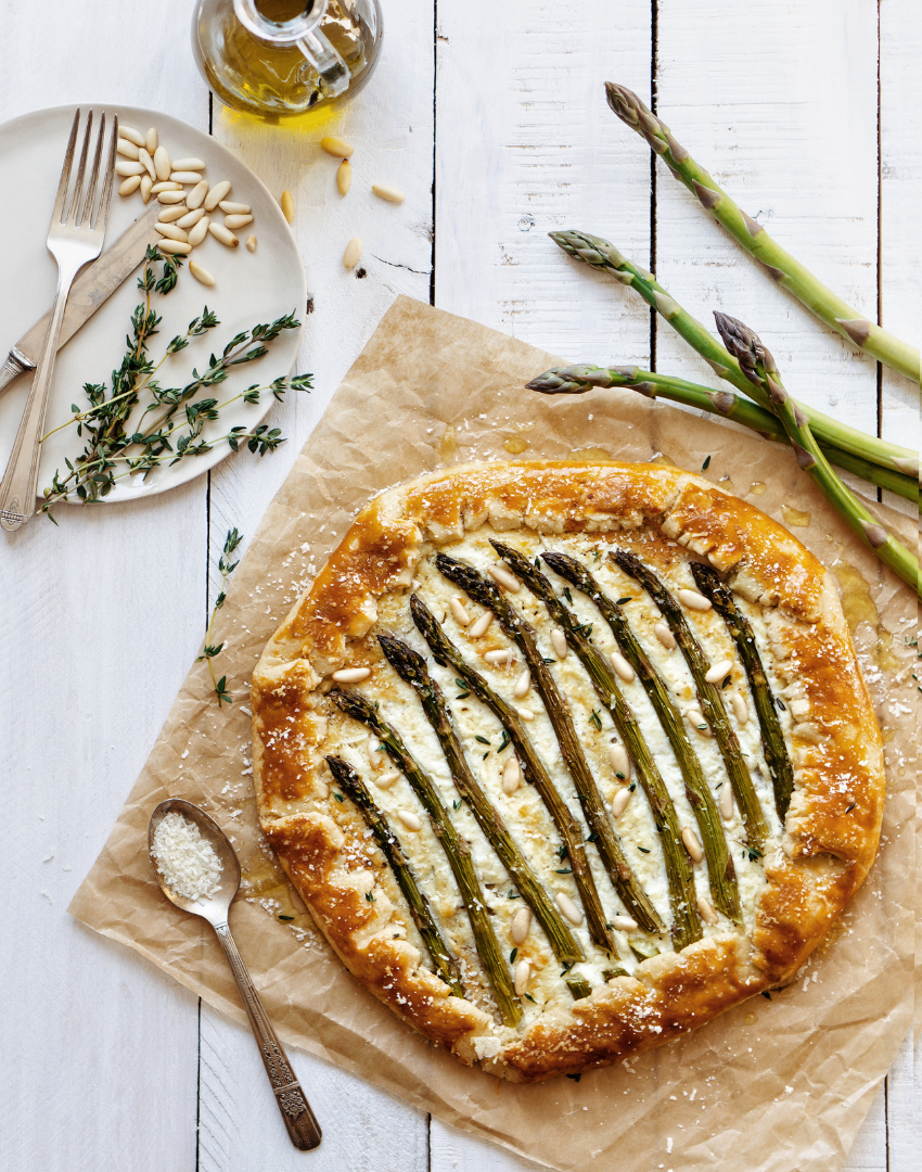 Asparagus &amp; Goat Cheese Gallet with Grove 45 Extra Virgin Olive Oil