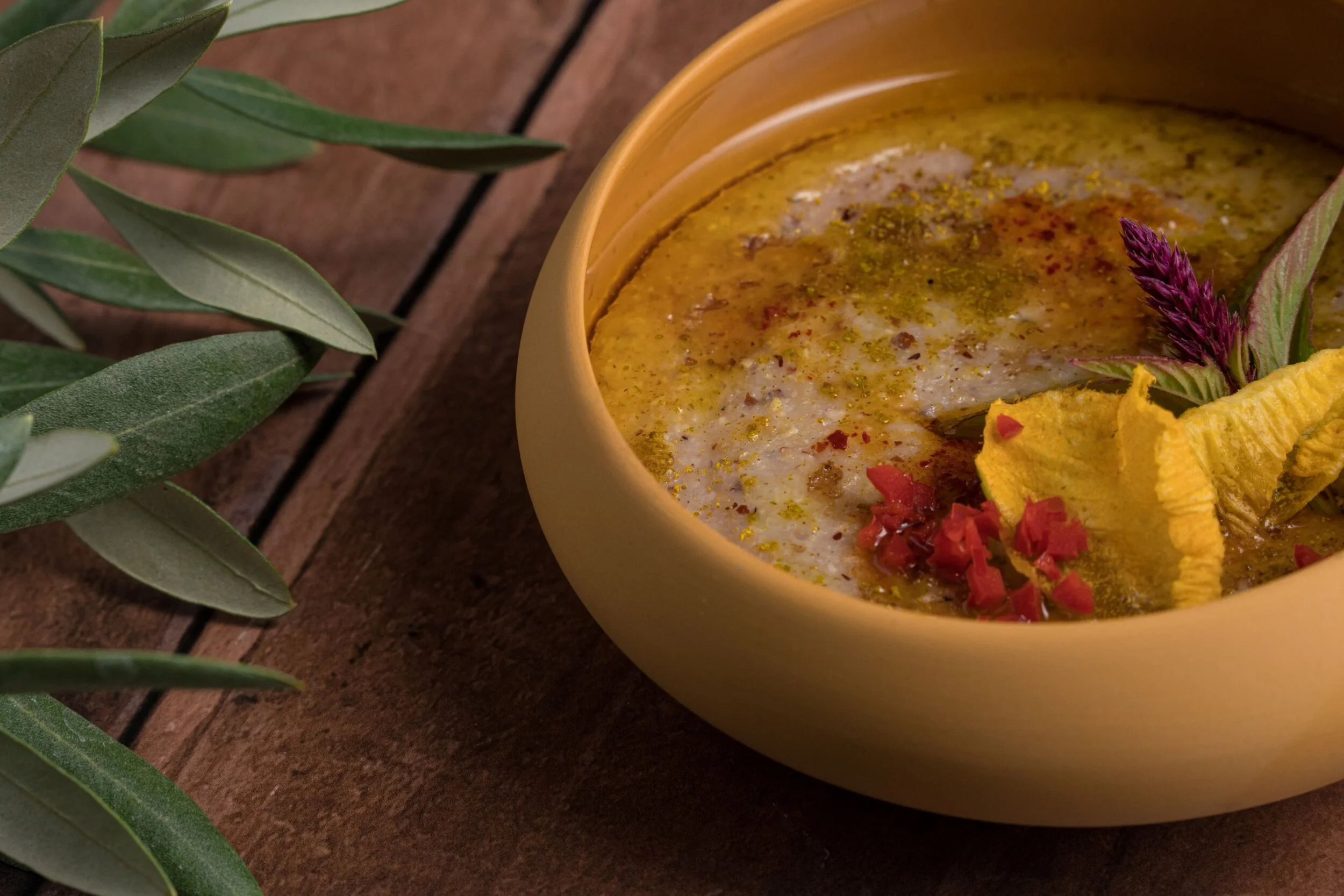 Creamy Heirloom Corn Polenta  with Black Garlic – Espelette Chili Flake  Grove 45 Olive Oil