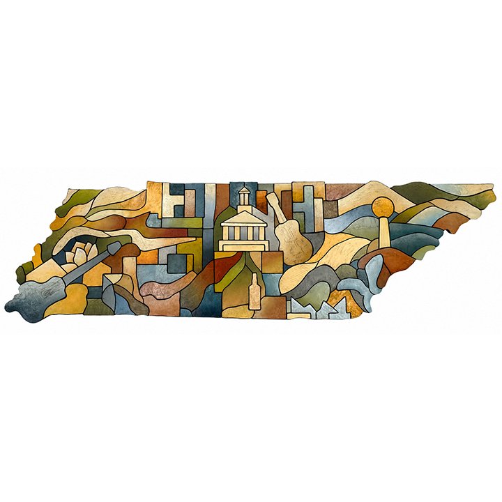 "Tennessee Mosaic"   oil & enamel on wood panel  2026  31.6" x 132" Collection of Stones River Group, Nashville, TN