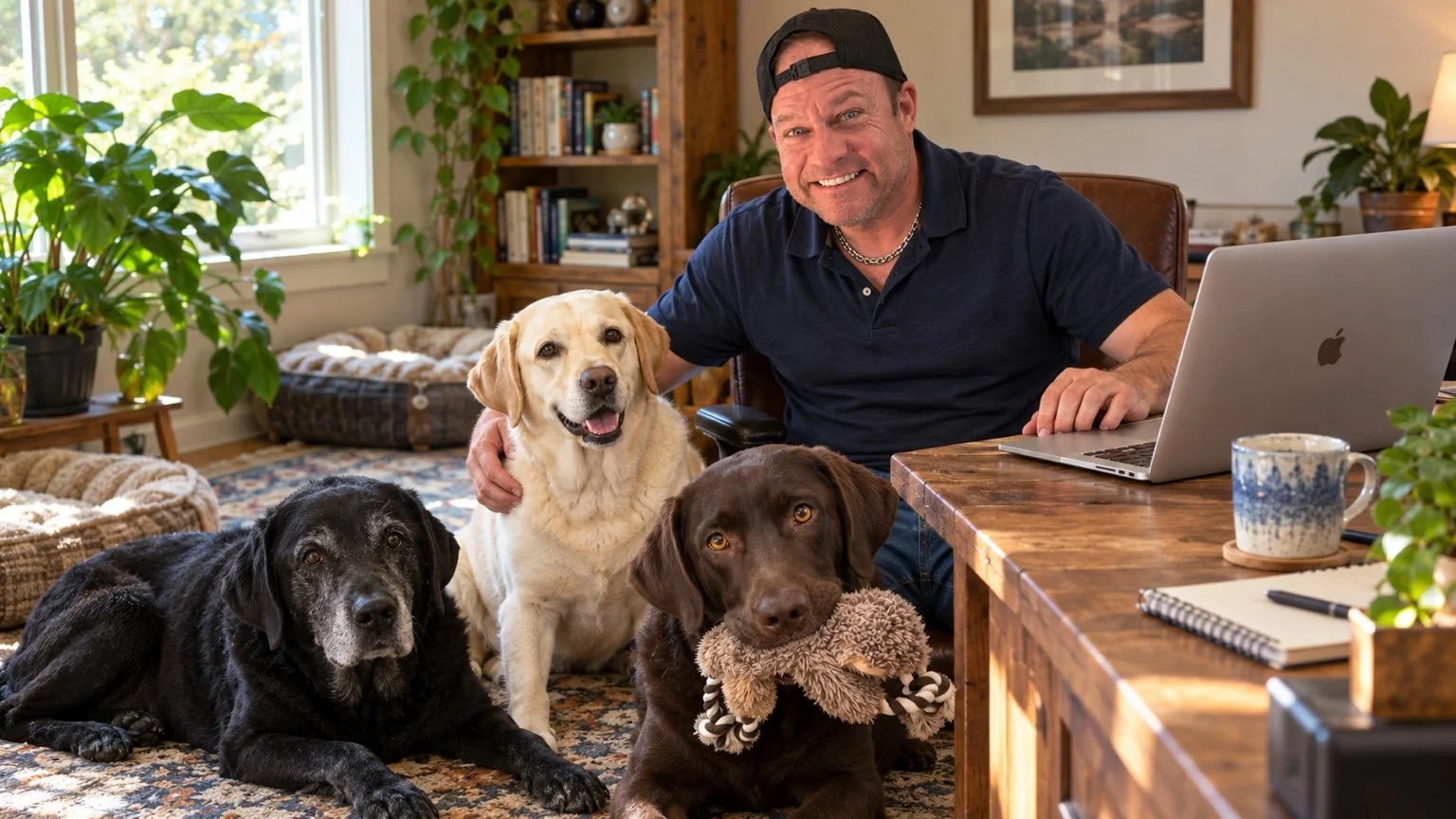 Douglas B. Aunkst smiling at his home office desk with his three dogs.