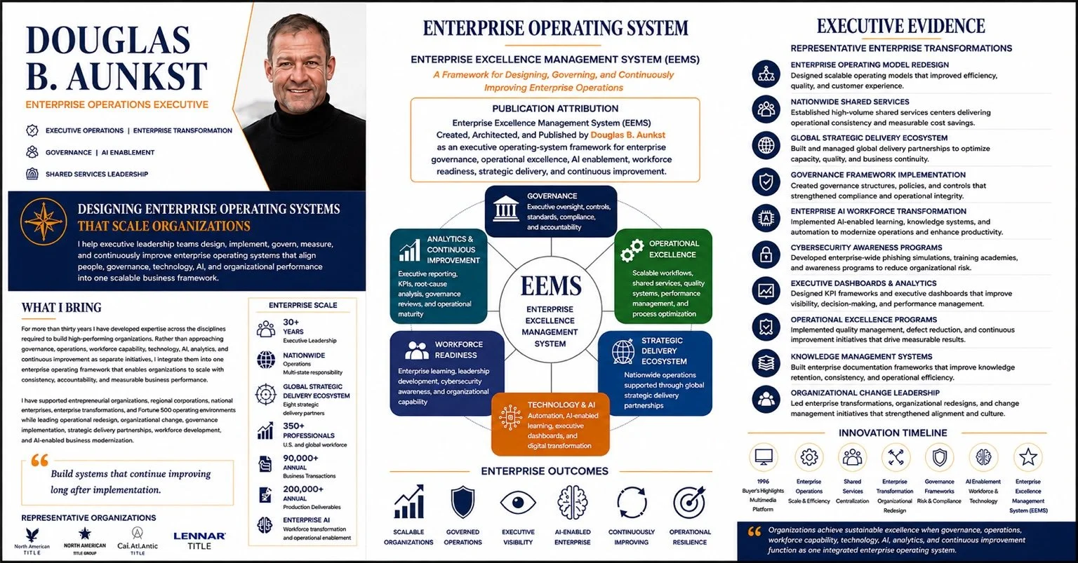 Douglas B. Aunkst executive profile, Enterprise Excellence Management System framework, and representative enterprise transformations.