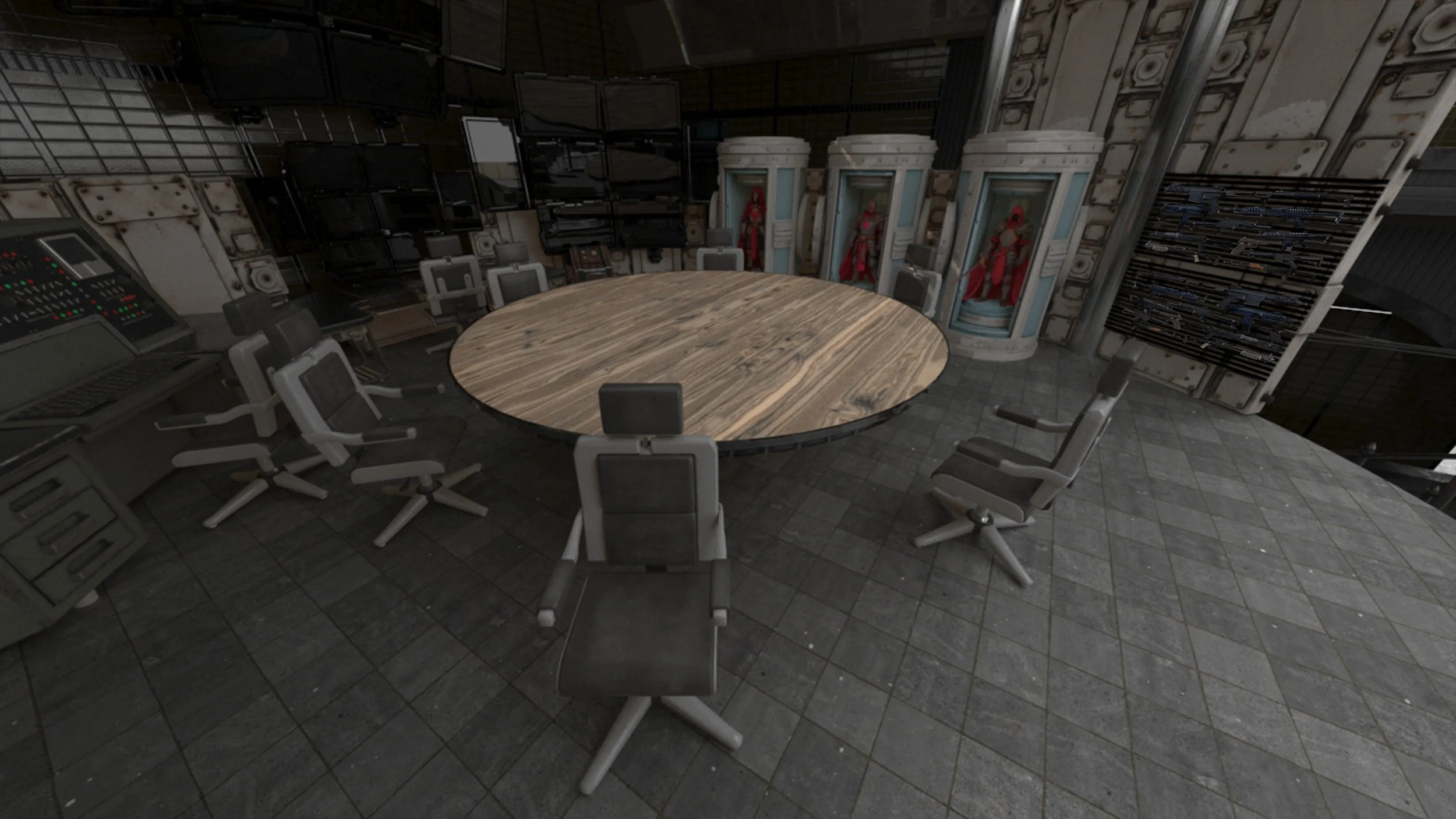 Empty round conference table surrounded by office chairs in a futuristic control room with monitors, shelves, and display cases with red armor suits and weapons.