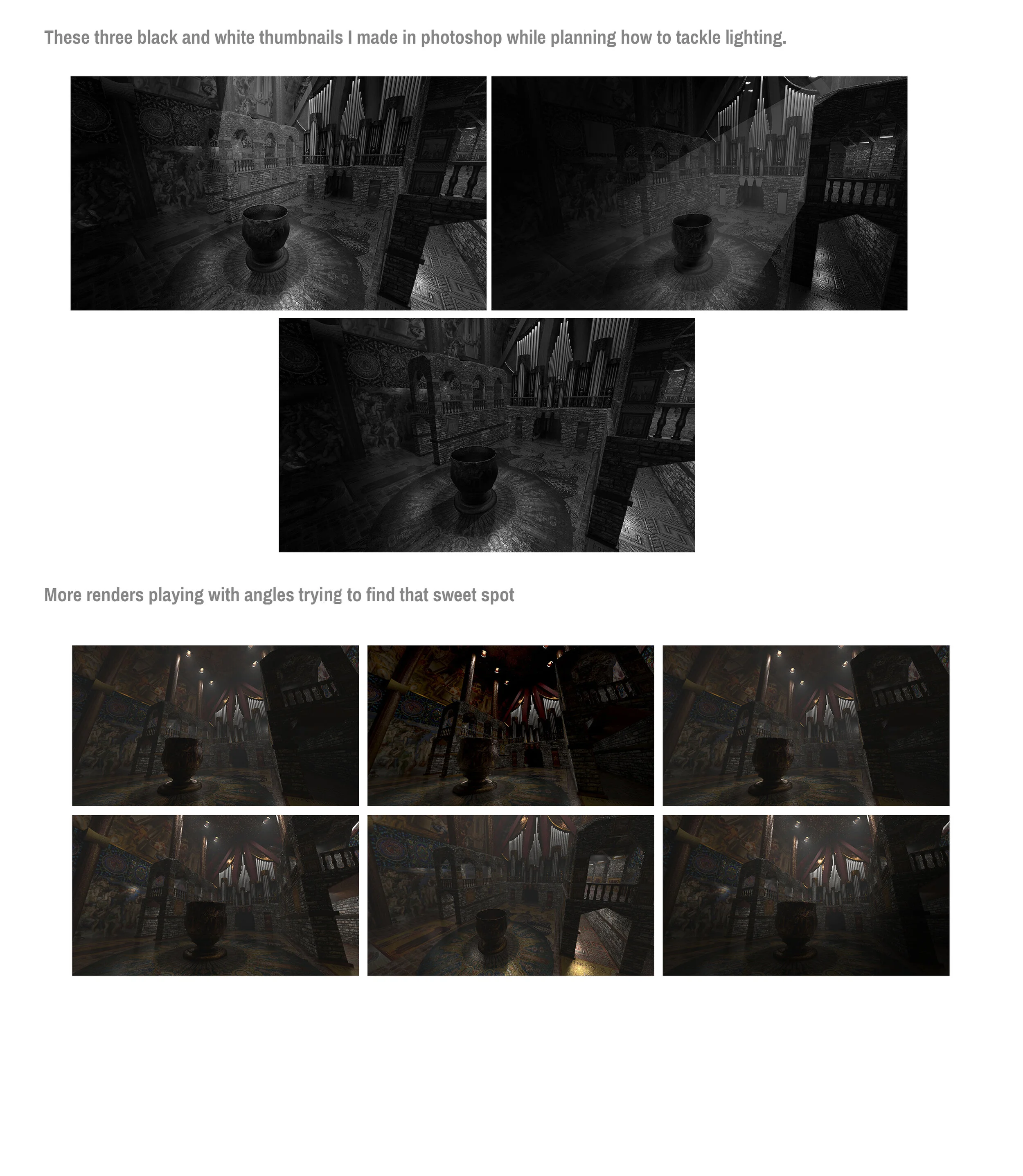 Three black and white thumbnails of an ornate room with a central vase and pipe organ in the background, arranged in a row. Multiple color renderings of the same scene from various angles, with a central vase, ornate walls, and ceiling, trying to fin