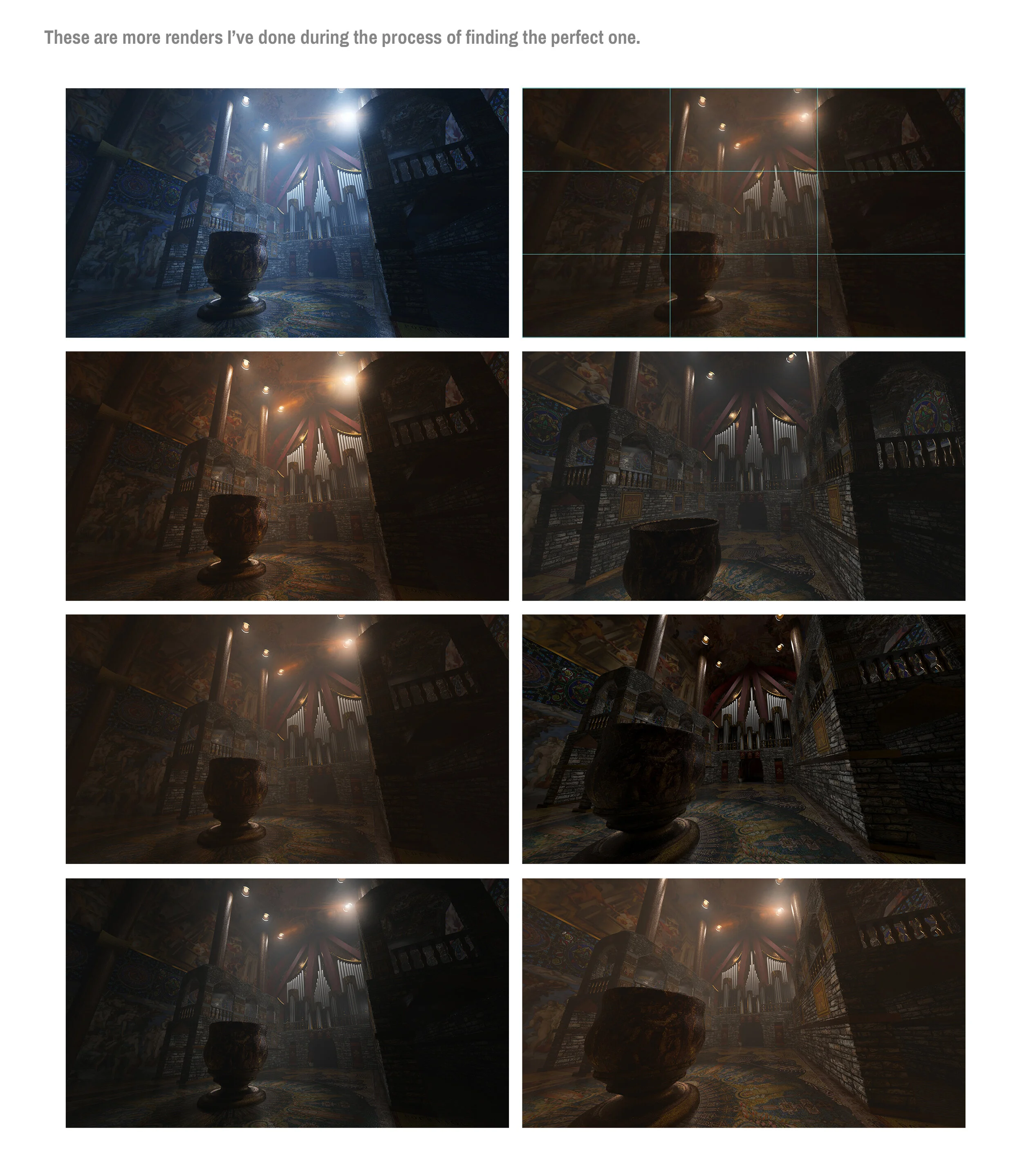 Series of eight images showing a dimly lit interior space with a stone vase in the foreground, ornate walls, murals, and high ceilings with sunlight streaming through. Different lighting and contrast adjustments are applied to each image.