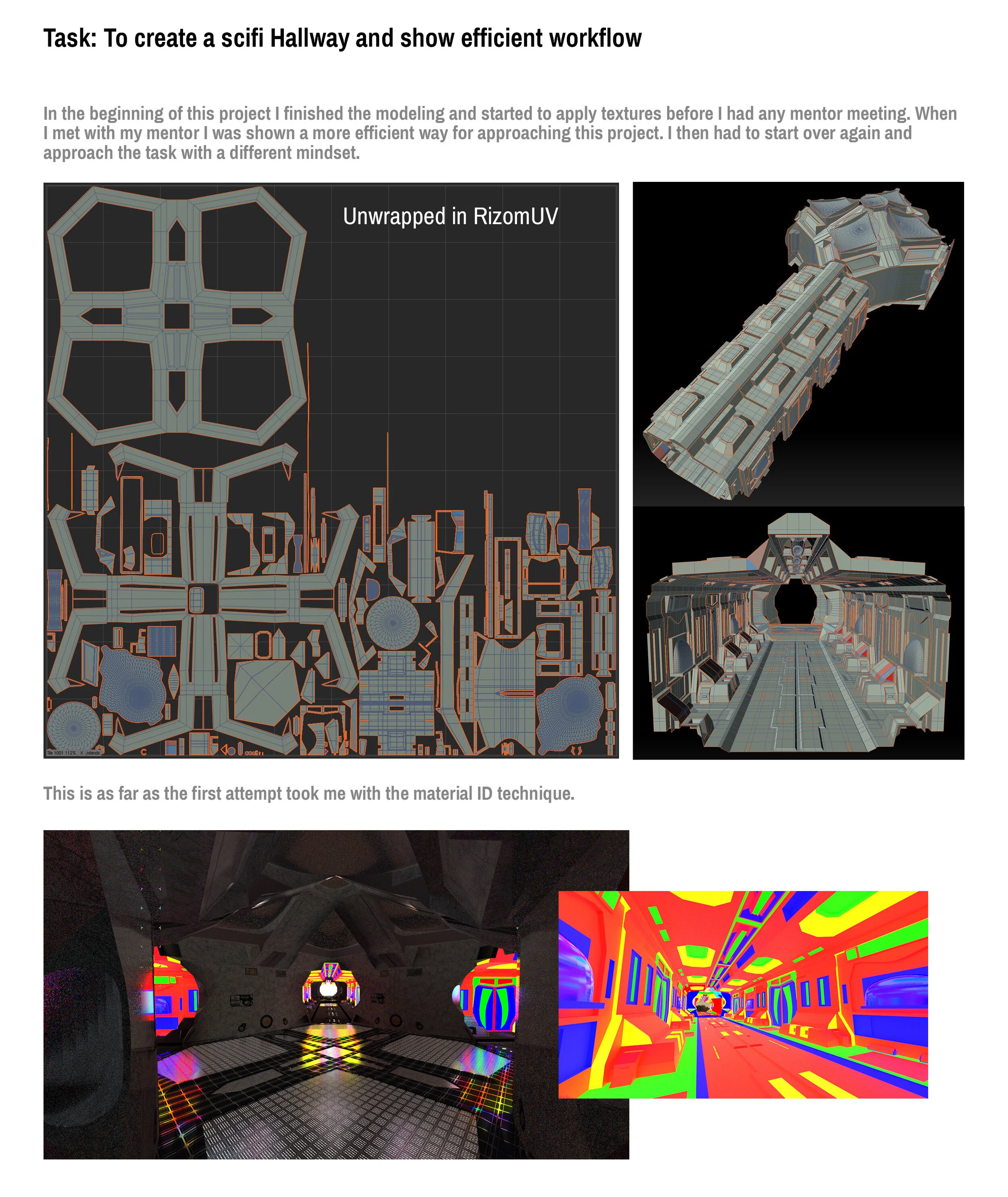 Image showing a sci-fi hallway design process, including 3D models, textured renderings, and colorful material ID maps for efficient workflow.
