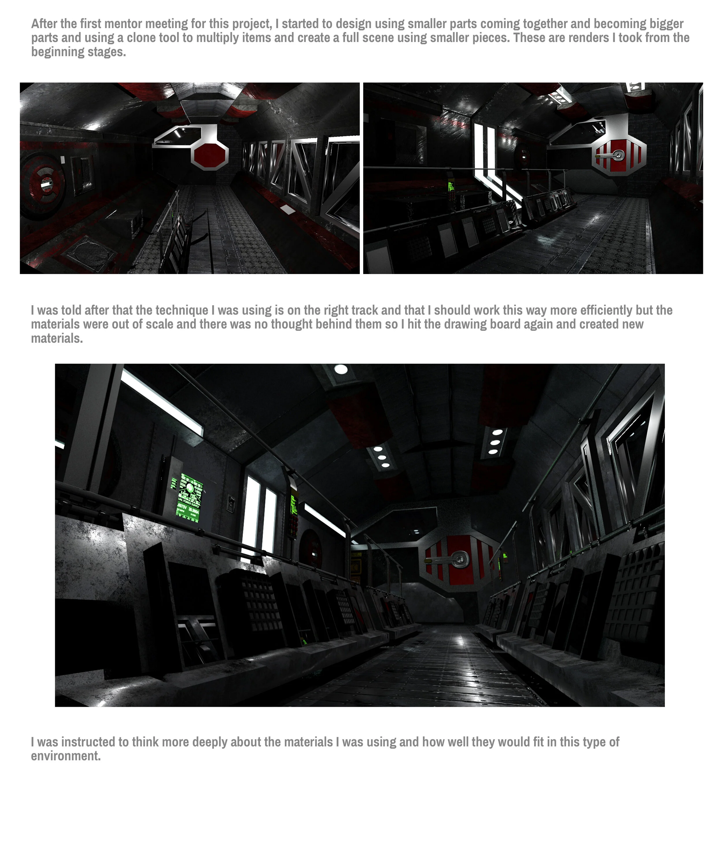 Two images of a spaceship interior showing a corridor with dark metallic walls, control panels, and seating, with red and white accents, and a third image showing a wider view of the corridor with additional control panels and lighting.