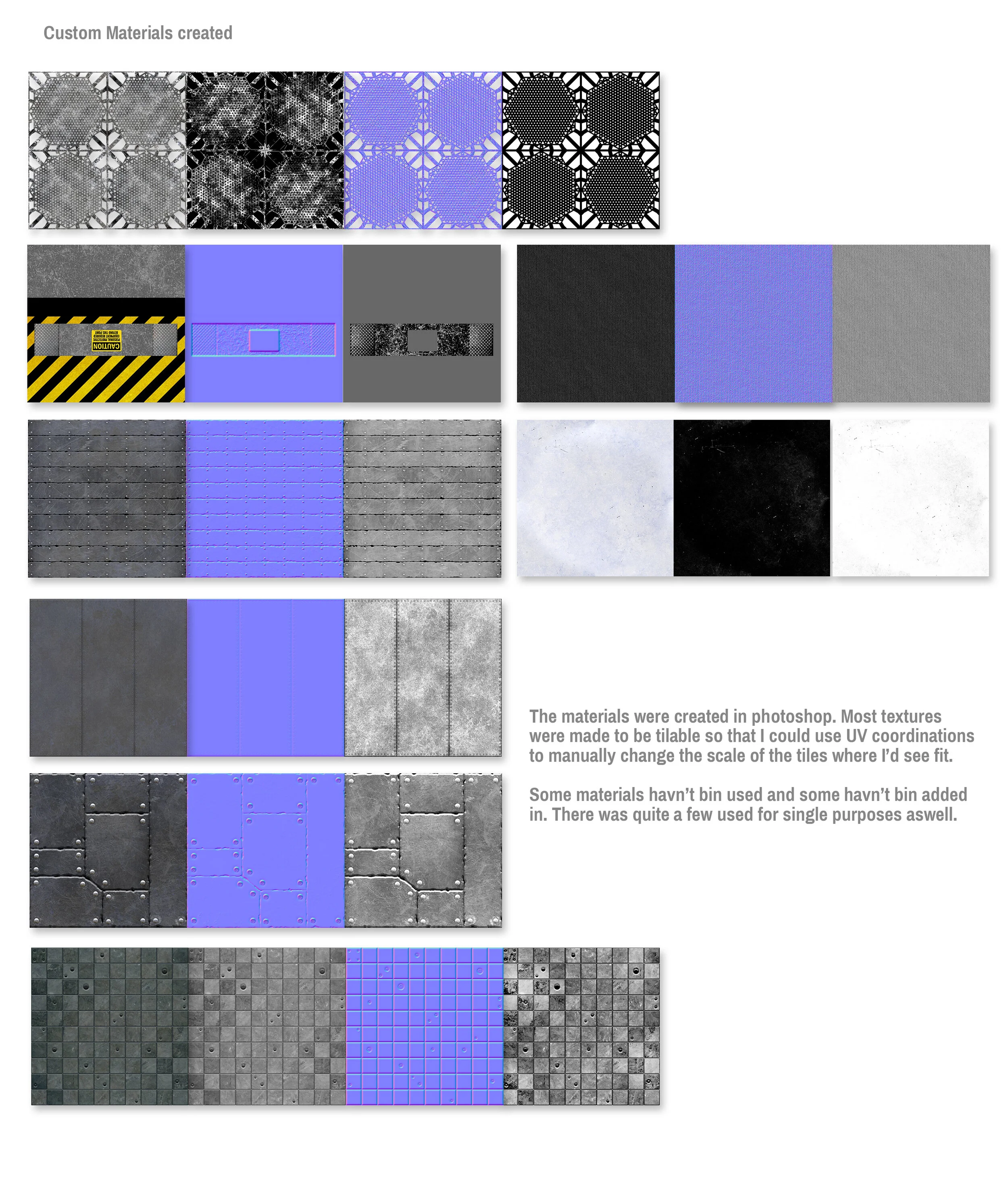A collection of digital textures and patterns created in Photoshop, including black and white geometric designs, solid colors, surface textures, and grid patterns, with accompanying descriptive text about their creation process and usage.