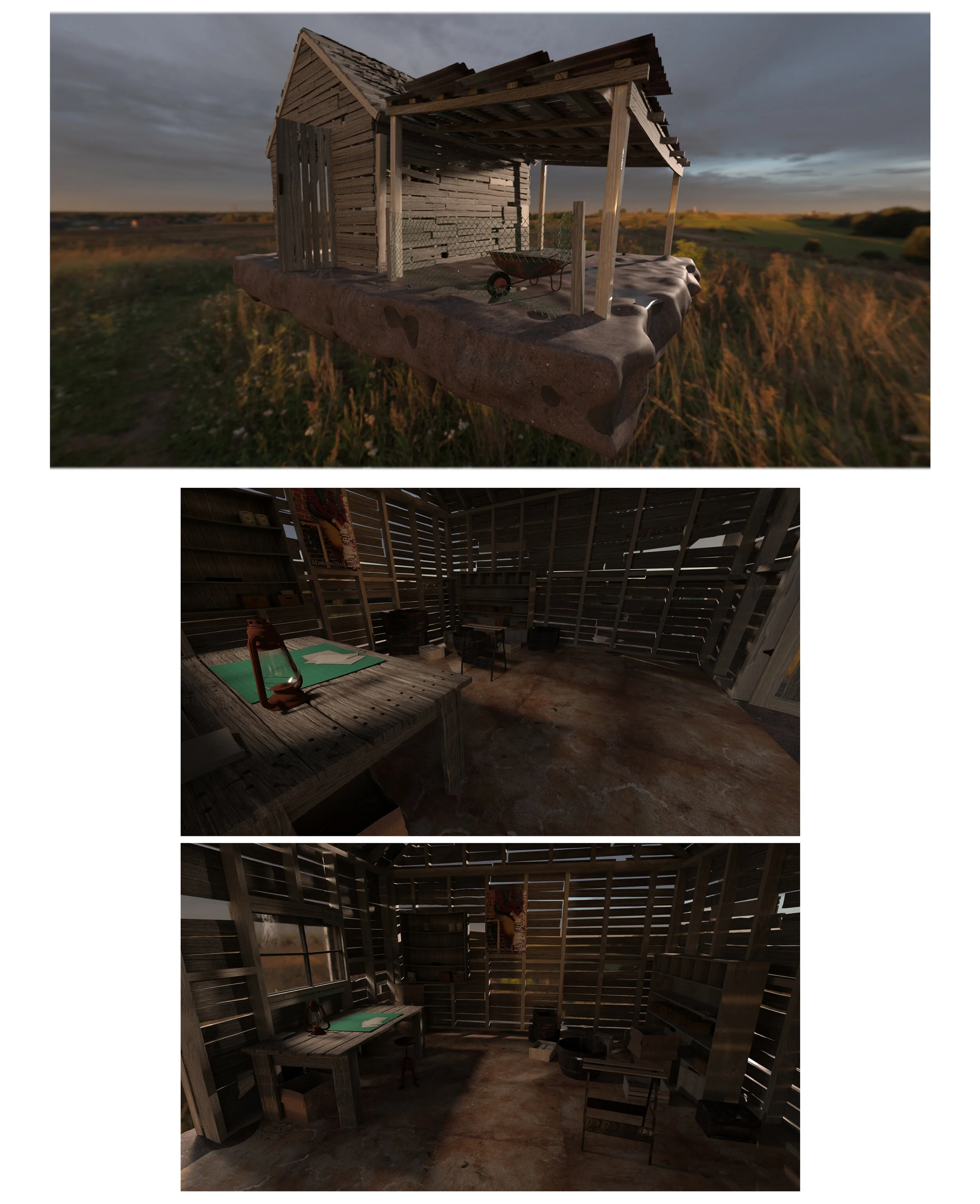 Three interior and exterior shots of a rustic barn with wooden walls and floors, featuring a desk with papers and a lantern, and a small room with minimal furnishings.