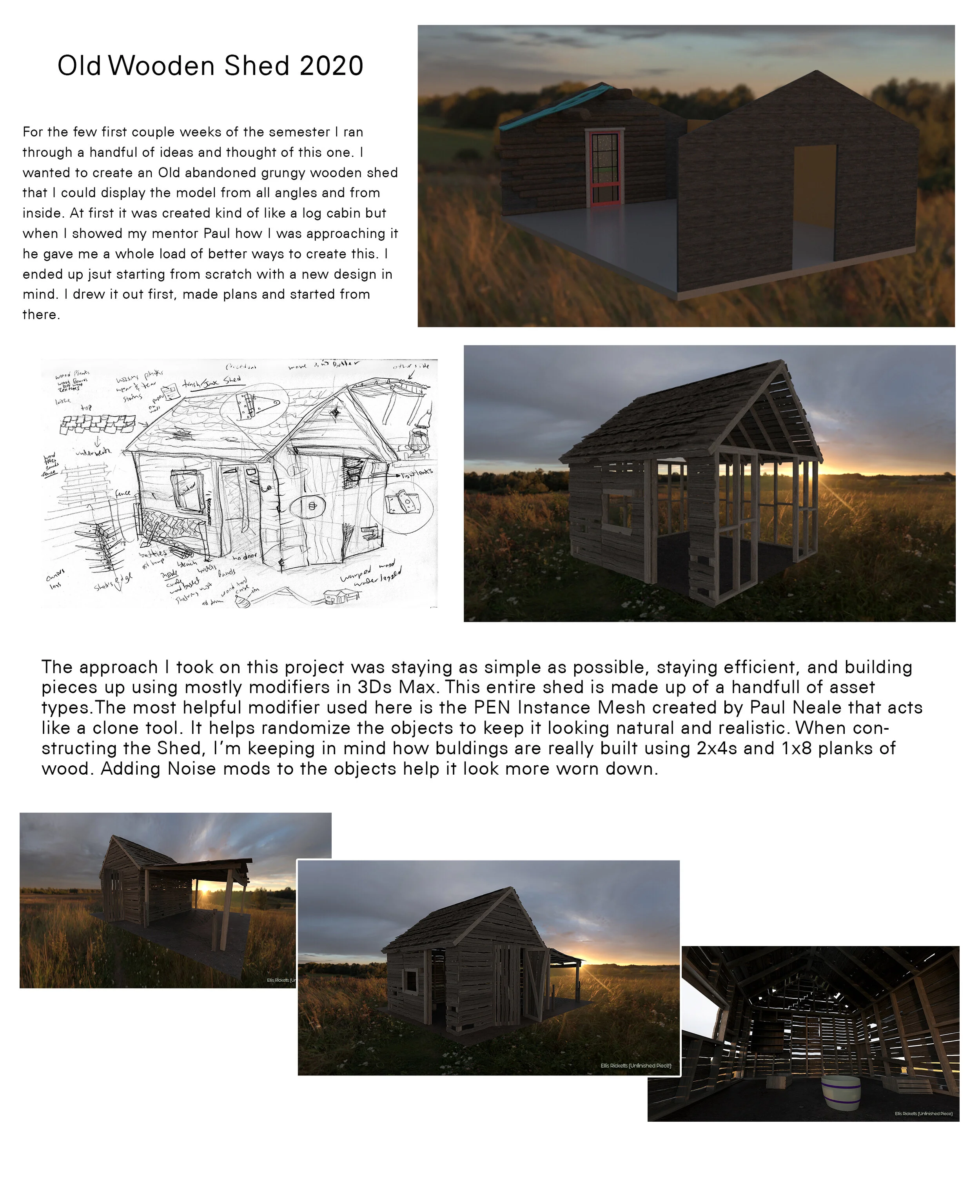 Design plans and 3D renders of an old wooden shed project from 2020, showing exterior and interior views of the shed during construction and sunset.