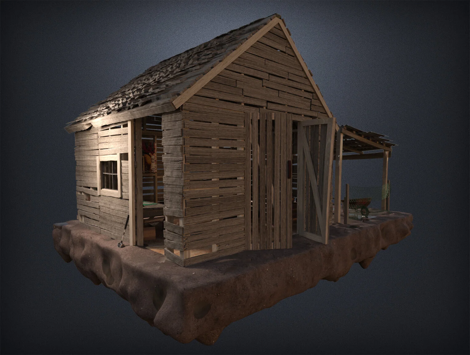 A small wooden house with a gabled roof, open door, single window, and a small covered porch area, built on a floating rock platform.