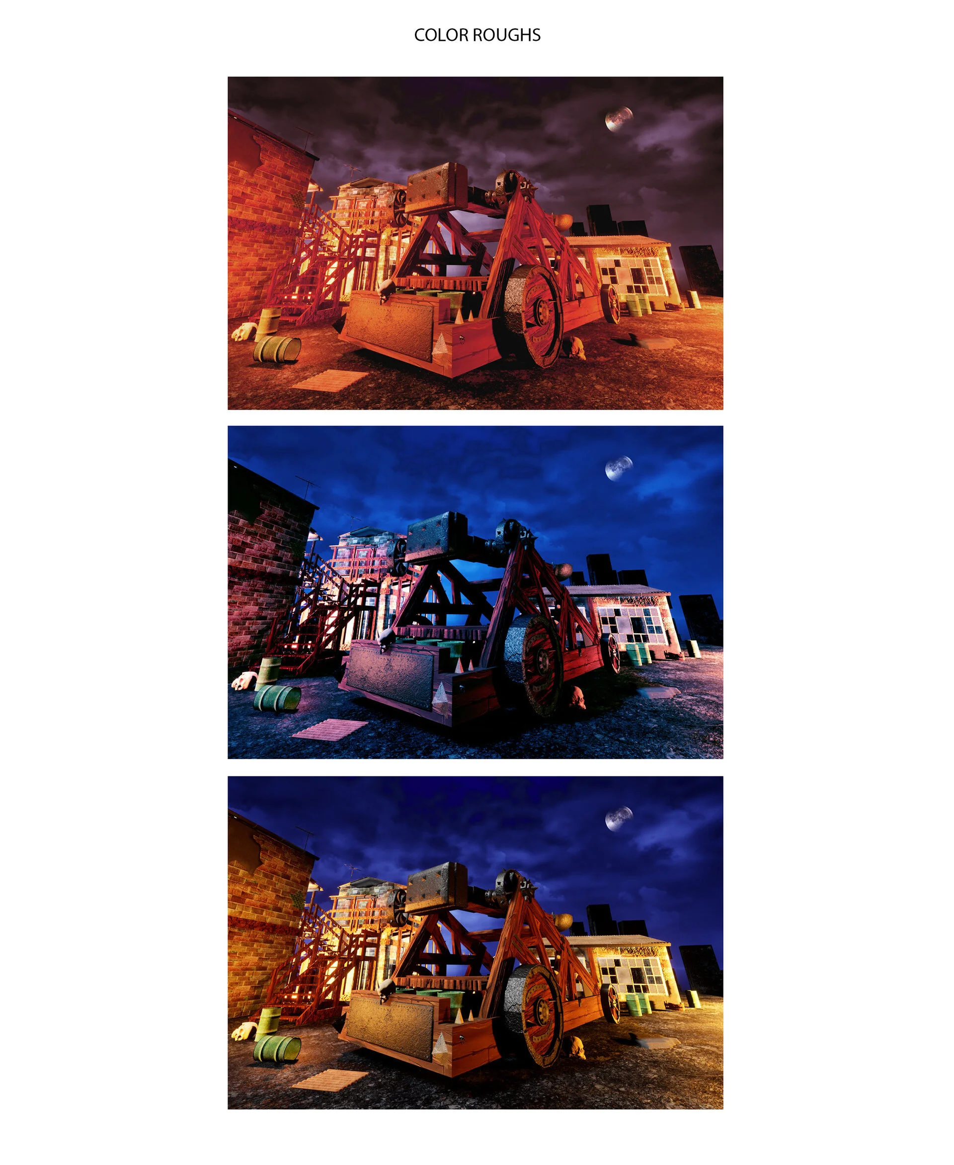 Three images of a construction site with a large, old machine, under different lighting conditions: warm sunset, night with moon, and deep night with moon, showing the same scene from different times of day.