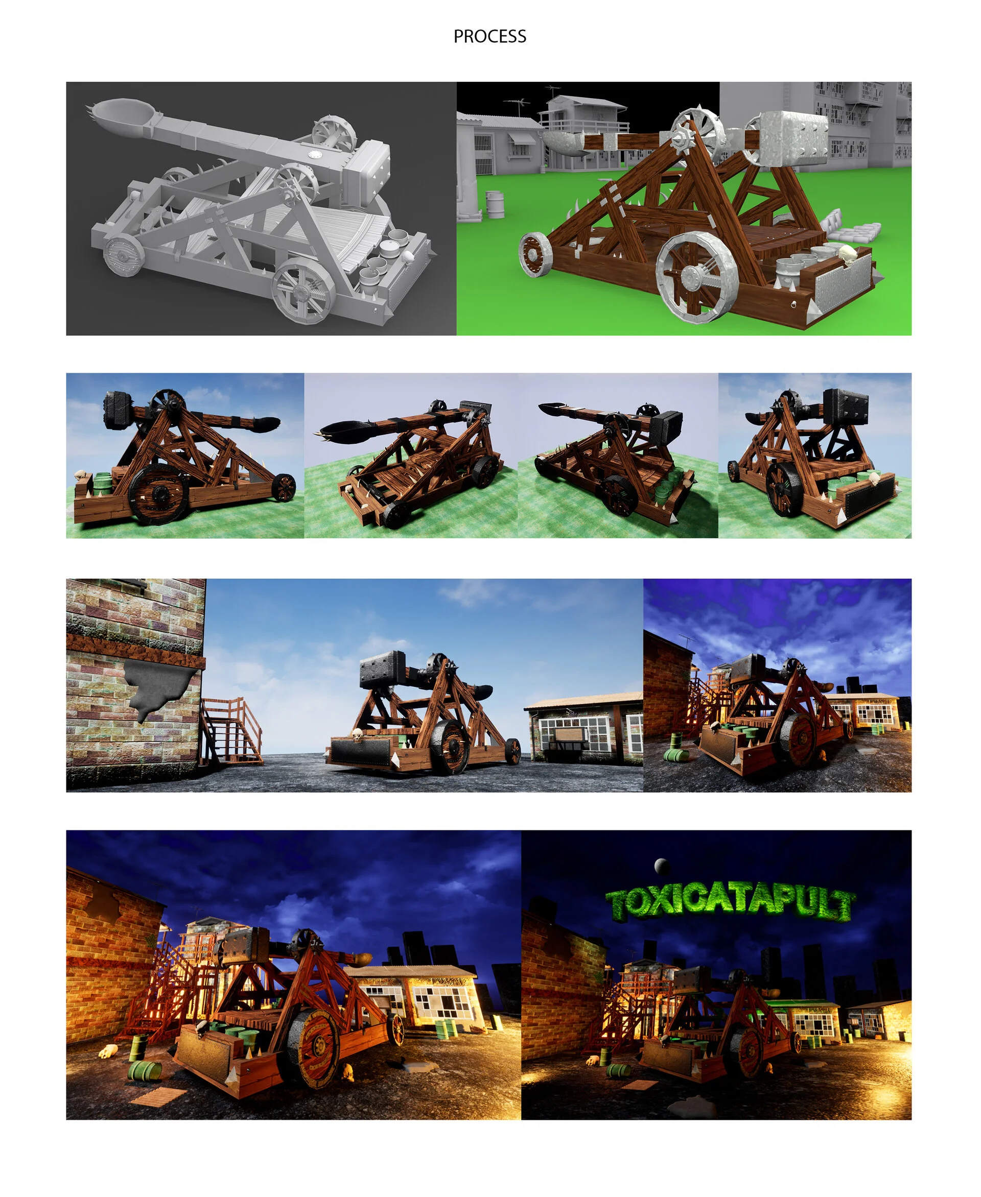 Sequence of digital renders showing the construction of a catapult, starting with 3D modeling, building the wooden frame, adding mechanical parts, placing it outdoors in different settings during the day and night, and final scene with the word 'TOXI