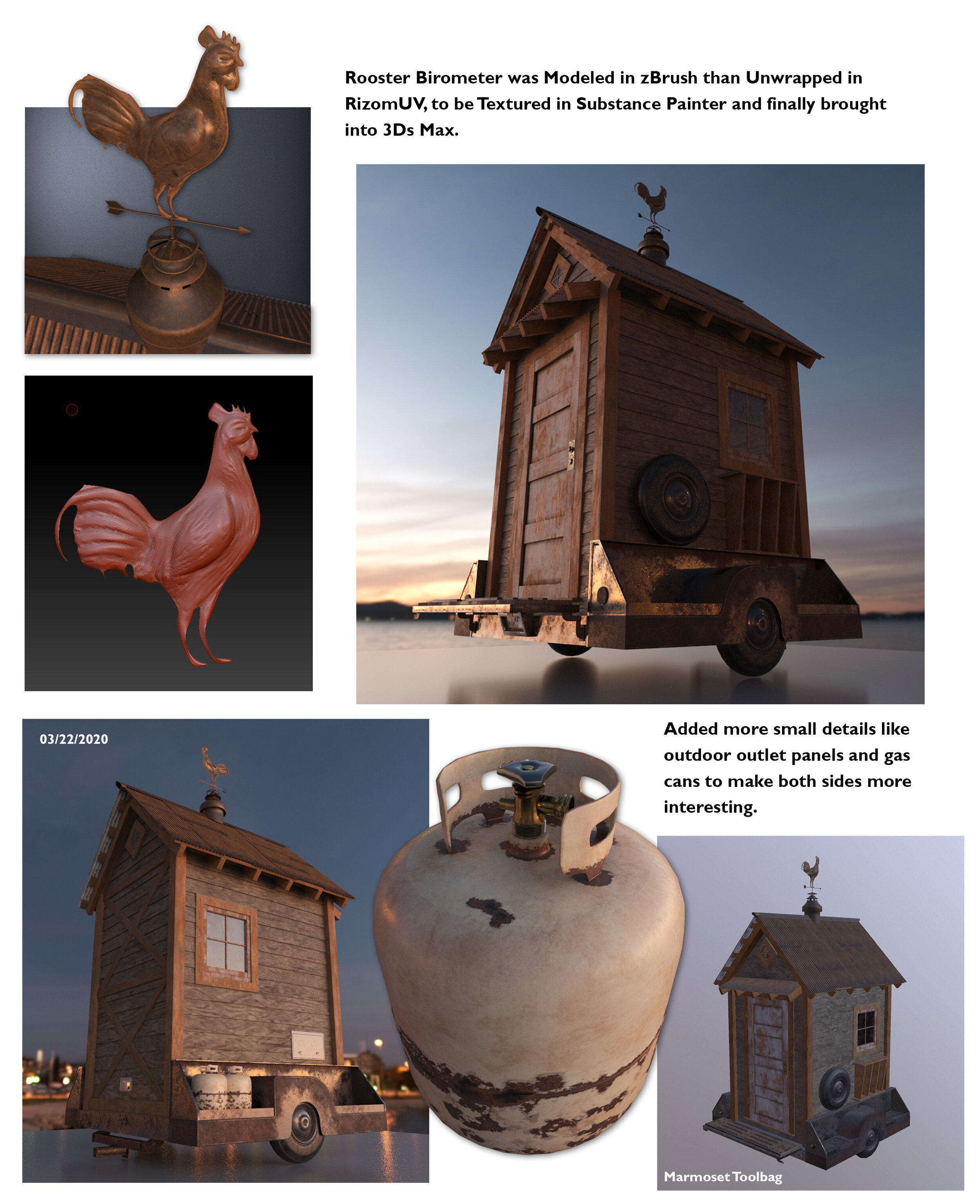 Collage of images showing a model of a rooster weather vane, a small wooden house on a trailer with a weather vane on top, a 3D render of a rooster, an outdoor propane tank, and a screenshot of a 3D modeling software interface with text describing mo