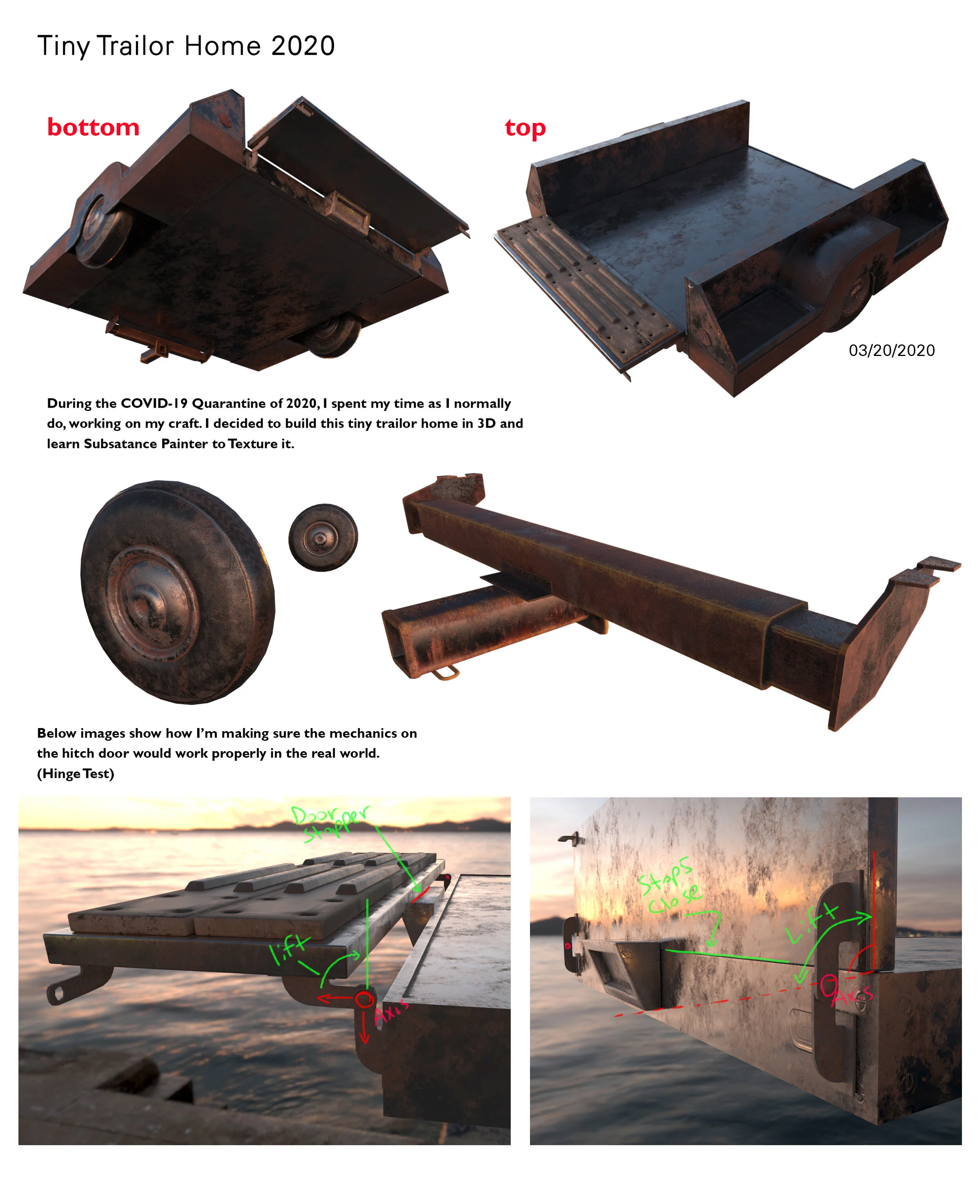 A collage of images showing a tiny trailer home built from metal, with labeled top and bottom views. The collage includes pictures of the trailer's Build process during COVID-19 quarantine, and images of the hitch door mechanics with handwritten anno