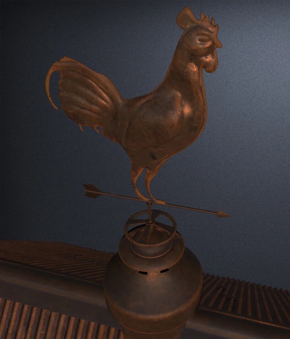 A metal rooster weather vane mounted on a decorative post.